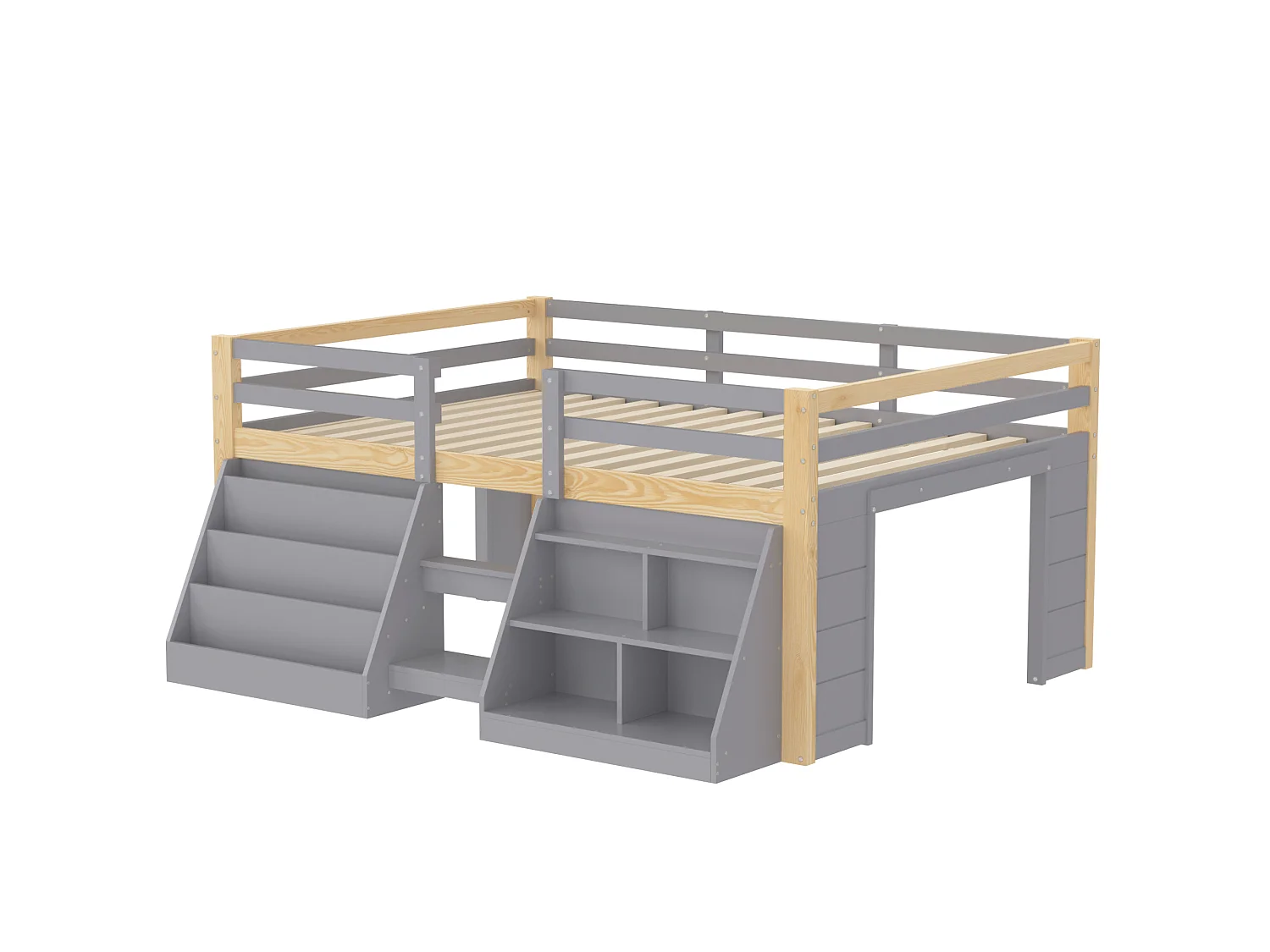 Lit surélevé enfant 140 x 200 cm avec rangements, LED, échelle et barrières de sécurité – Pin et MDF – Gris (Sans matelas)