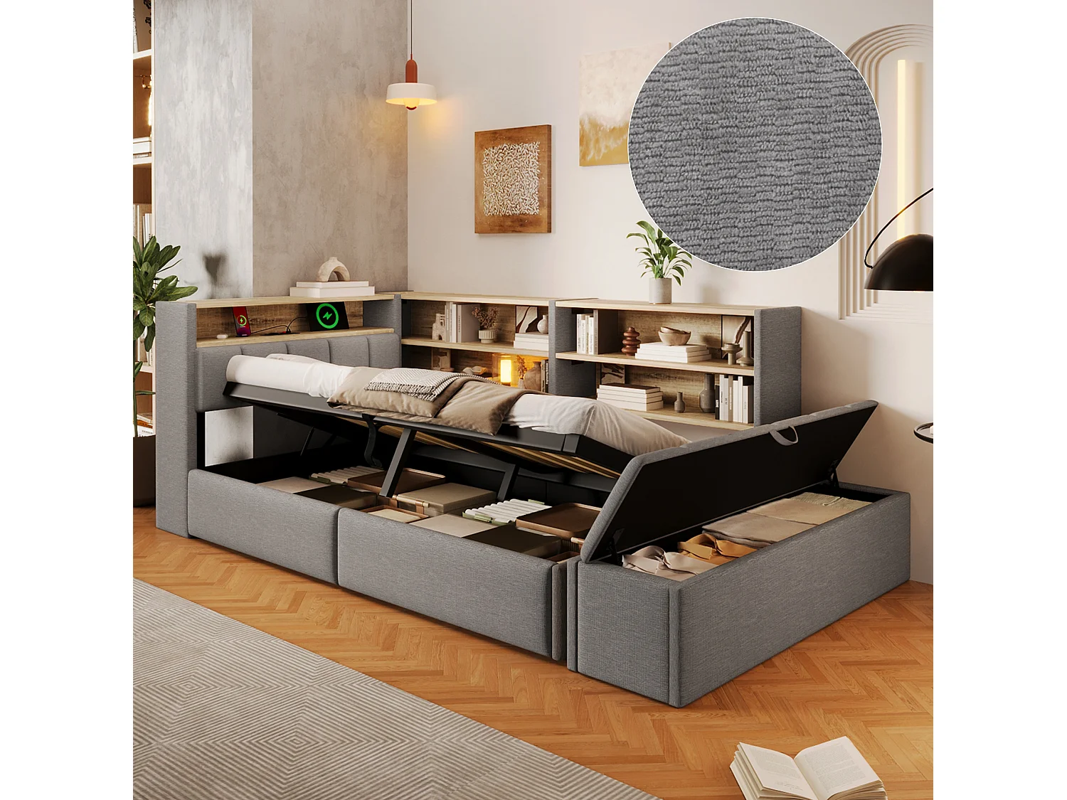 90 x 200 cm seng med opbevaring, bænk, modulært natbord, LED-belysning, USB-A og USB-C porte – Fløjl og MDF – Grå (Madras medfølger ikke)
