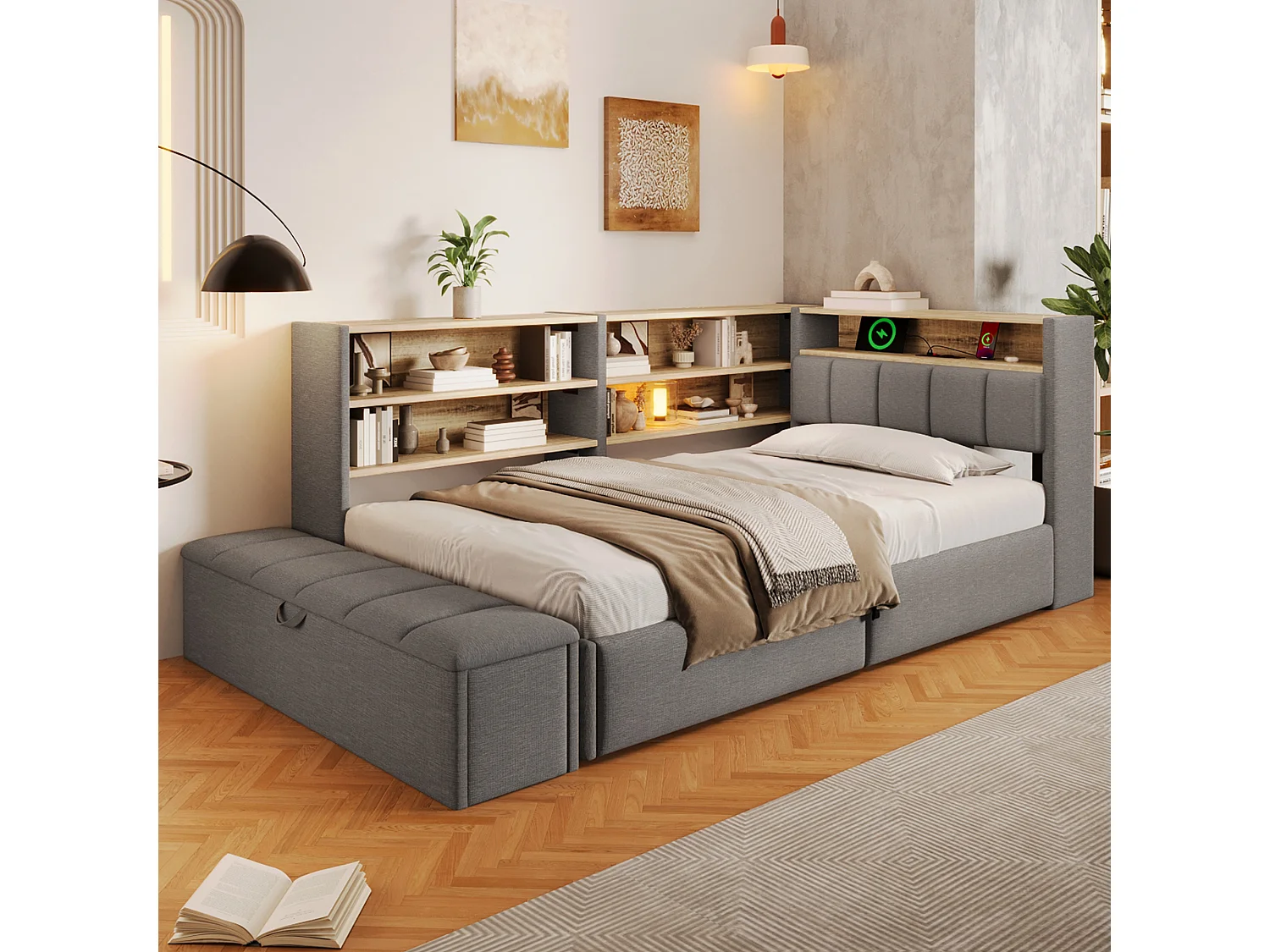 90 x 200 cm seng med opbevaring, bænk, modulært natbord, LED-belysning, USB-A og USB-C porte – Fløjl og MDF – Grå (Madras medfølger ikke)