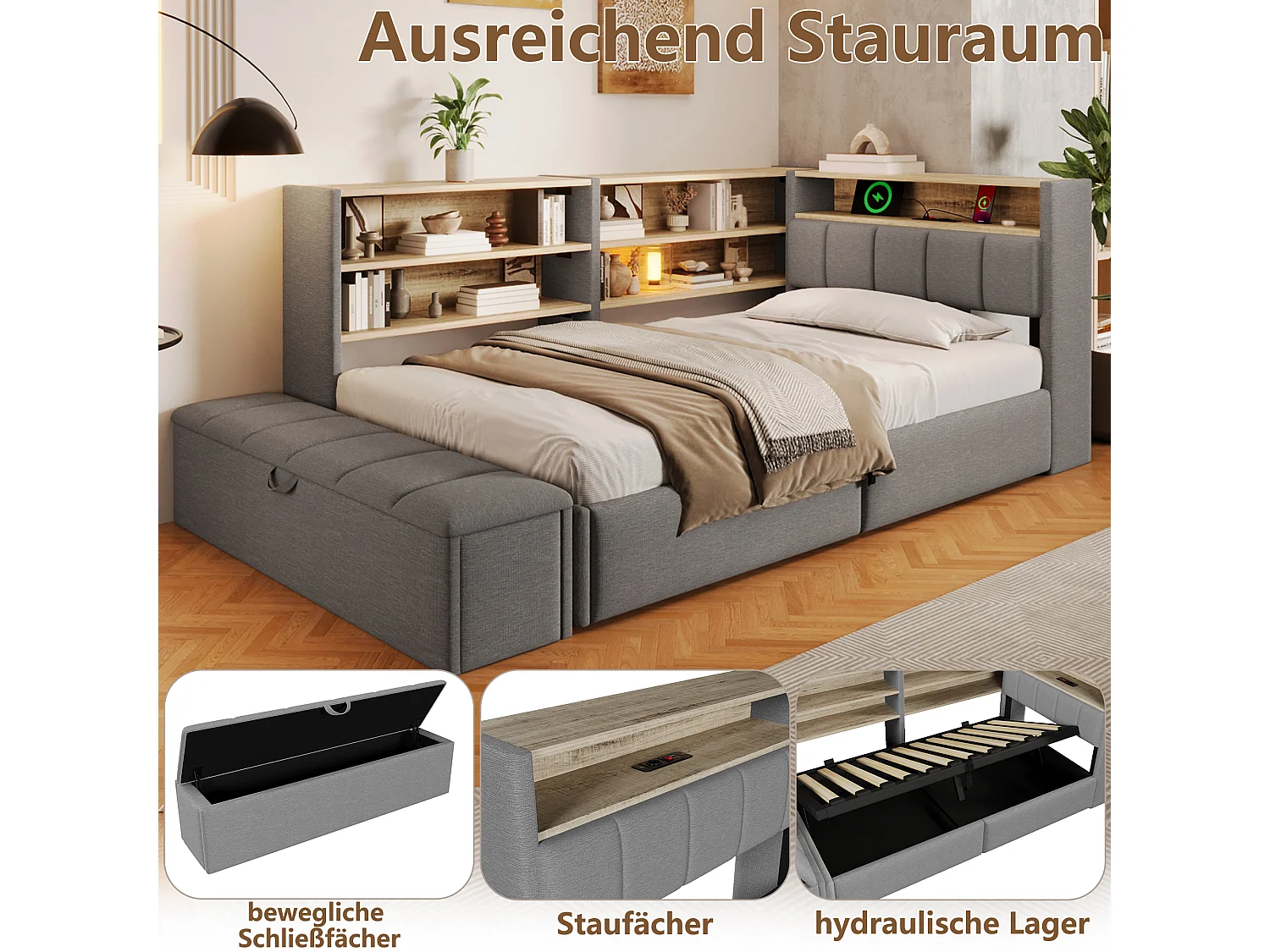 90 x 200 cm seng med opbevaring, bænk, modulært natbord, LED-belysning, USB-A og USB-C porte – Fløjl og MDF – Grå (Madras medfølger ikke)