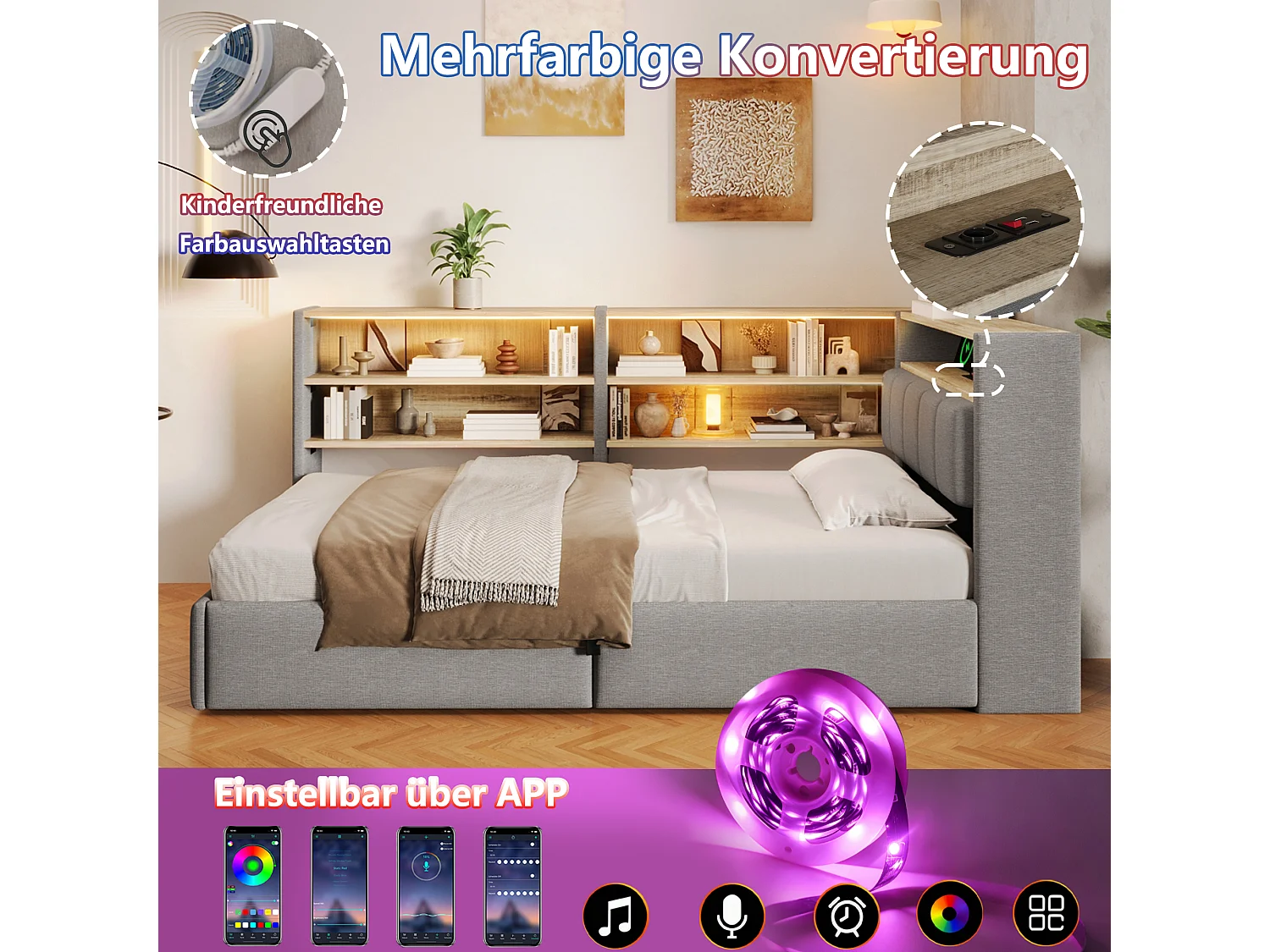 90 x 200 cm seng med opbevaring, bænk, modulært natbord, LED-belysning, USB-A og USB-C porte – Fløjl og MDF – Grå (Madras medfølger ikke)