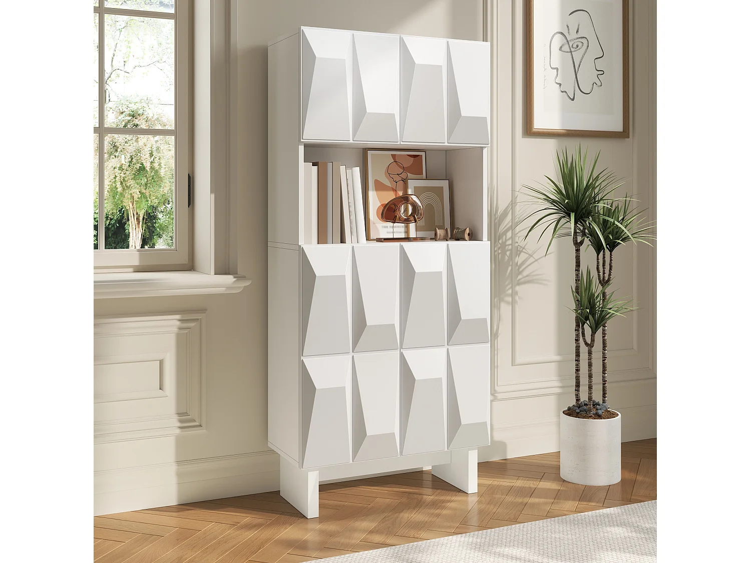 Skab med 4 låger, justerbar hylde og fronter med struktur – Spånplade – 60,5 x 34 x 135,5 cm – Hvid