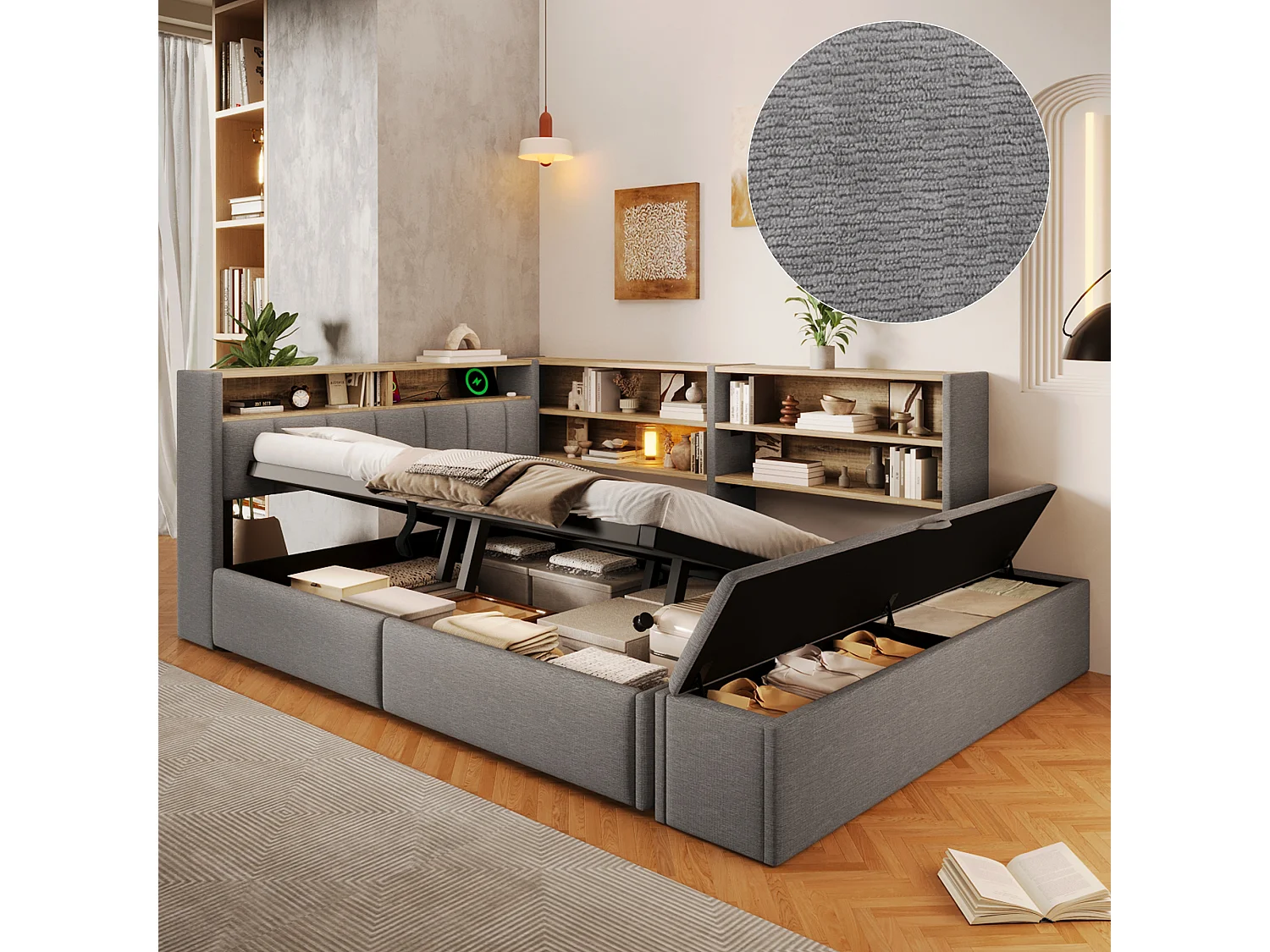 140 x 200 cm seng med opbevaringsbænk, modulært natbord, LED-belysning, USB-A og USB-C porte – Fløjl og MDF – Grå (Madras medfølger ikke)
