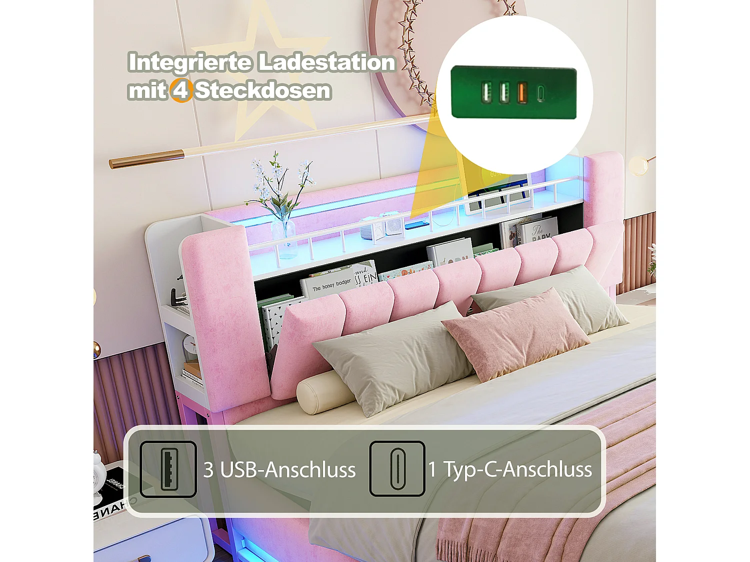 140 x 200 cm seng med opbevaring, hovedgærde, LED-belysning, USB-porte og stort hydraulisk opbevaringsrum - Velvet - Pink (madras medfølger ikke)