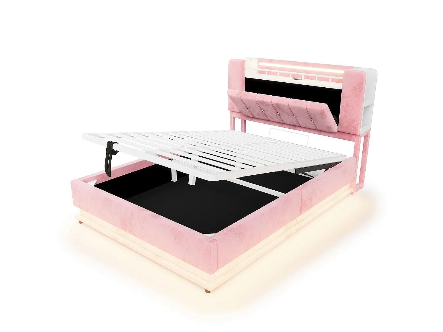 140 x 200 cm seng med opbevaring, hovedgærde, LED-belysning, USB-porte og stort hydraulisk opbevaringsrum - Velvet - Pink (madras medfølger ikke)