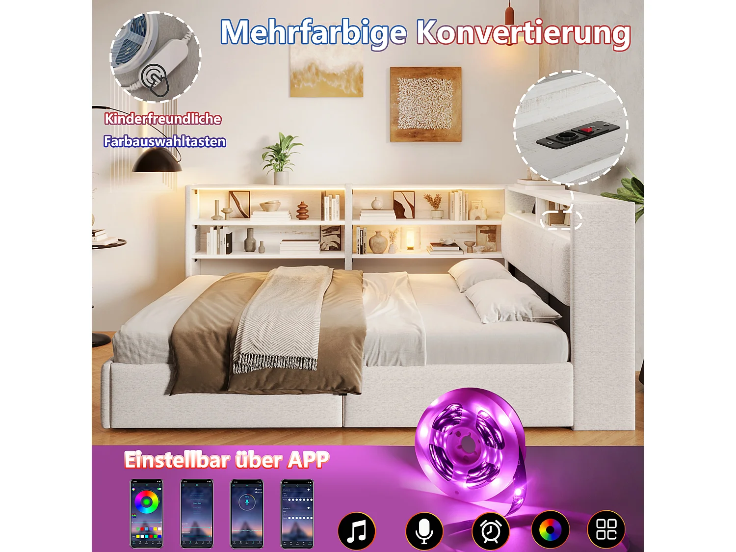 140 x 200 cm seng med opbevaringsbænk, modulært natbord, LED-belysning, USB-A og USB-C porte – Fløjl og MDF – Hvid (Madras medfølger ikke)