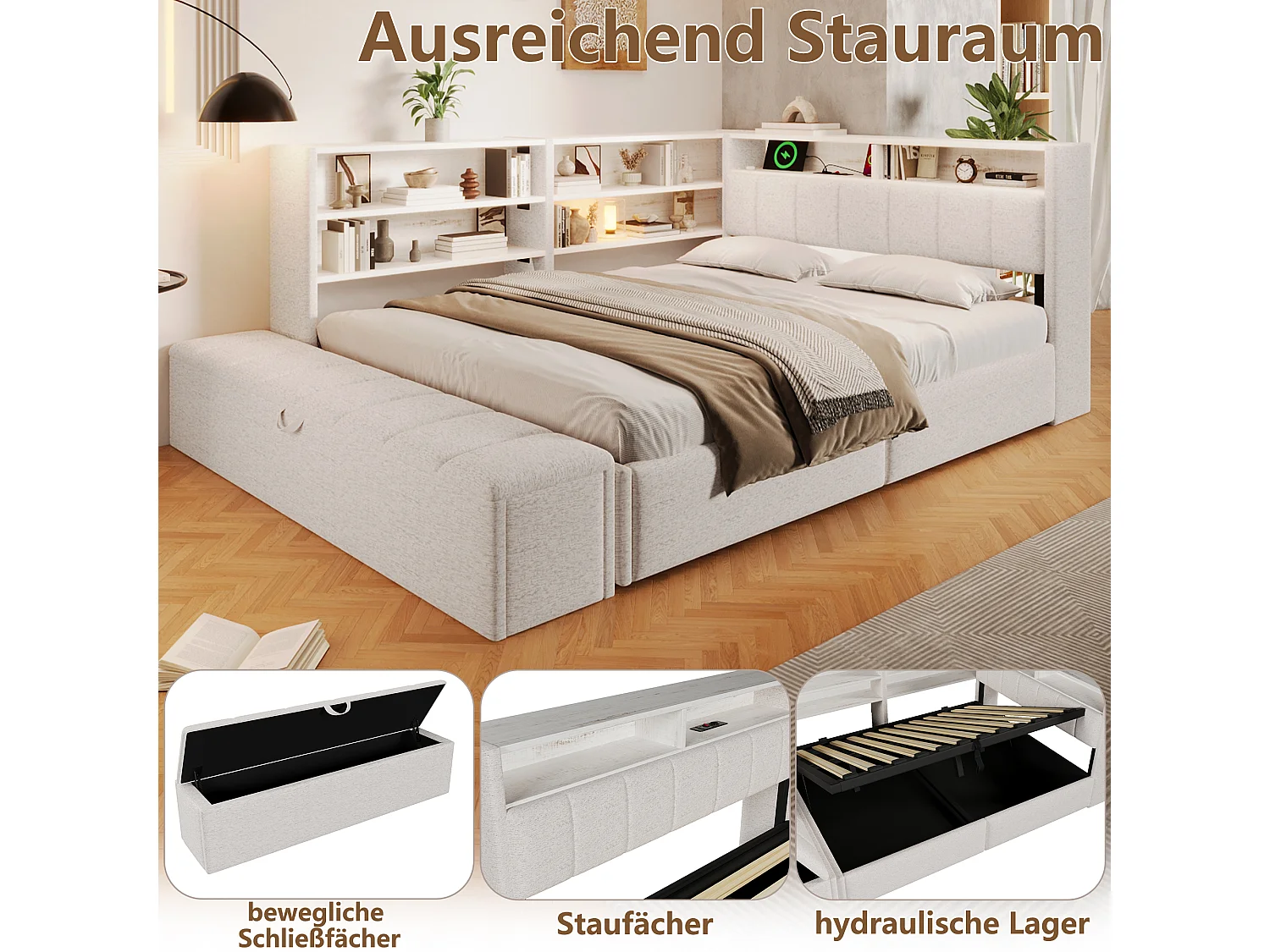 140 x 200 cm seng med opbevaringsbænk, modulært natbord, LED-belysning, USB-A og USB-C porte – Fløjl og MDF – Hvid (Madras medfølger ikke)
