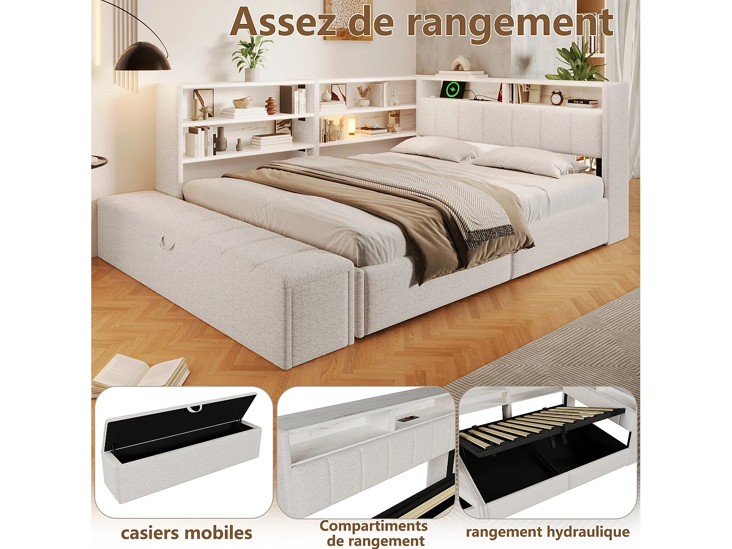 140 x 200 cm seng med opbevaringsbænk, modulært natbord, LED-belysning, USB-A og USB-C porte – Fløjl og MDF – Hvid (Madras medfølger ikke)