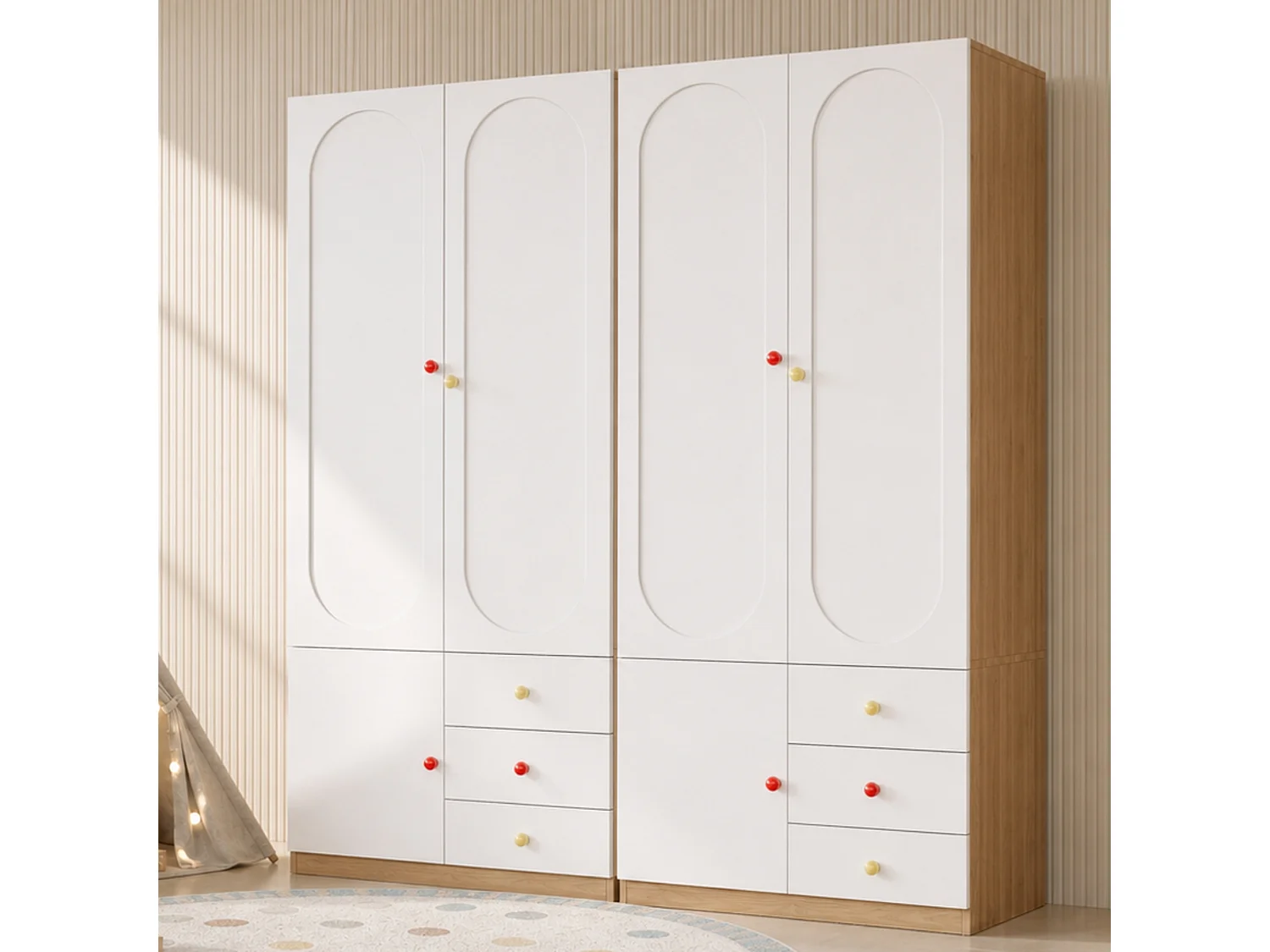 Armoire enfant 2 portes avec penderie, étagères et 3 tiroirs, poignées en céramique - MDF - 160 x 50 x 200 cm - Blanc