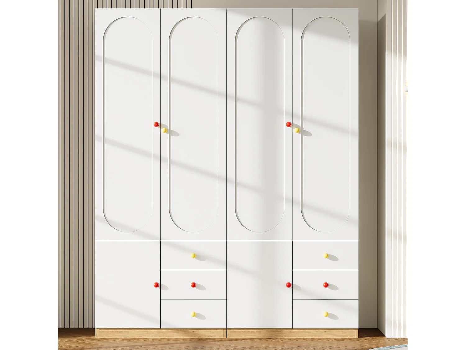 Armoire enfant 2 portes avec penderie, étagères et 3 tiroirs, poignées en céramique - MDF - 160 x 50 x 200 cm - Blanc