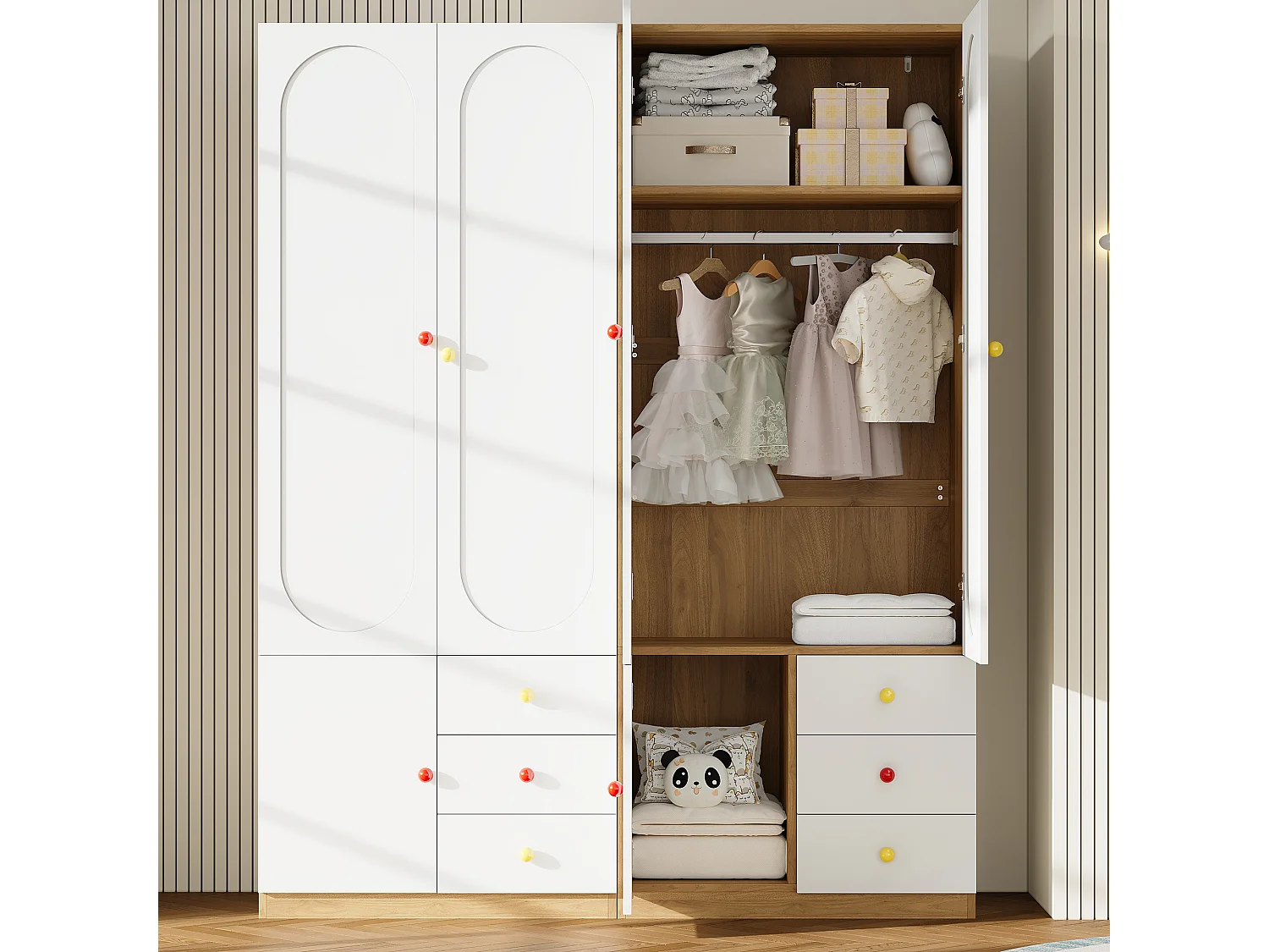 Armoire enfant 2 portes avec penderie, étagères et 3 tiroirs, poignées en céramique - MDF - 160 x 50 x 200 cm - Blanc