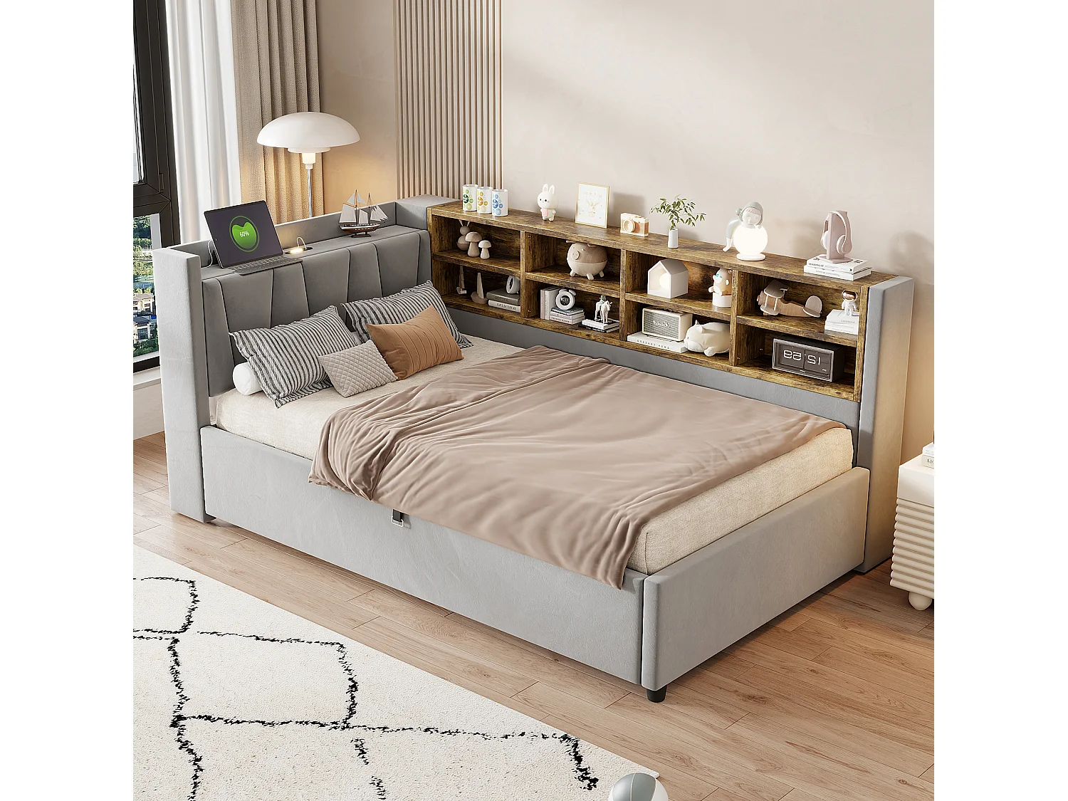 90 x 200 cm Stauraumbett mit Kopfteil, LED-Beleuchtung und USB-/Type-C-Anschlüssen - Samt - Hellgrau (Matratze nicht im Lieferumfang enthalten)