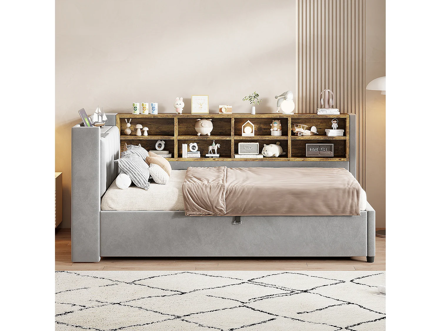 90 x 200 cm Stauraumbett mit Kopfteil, LED-Beleuchtung und USB-/Type-C-Anschlüssen - Samt - Hellgrau (Matratze nicht im Lieferumfang enthalten)