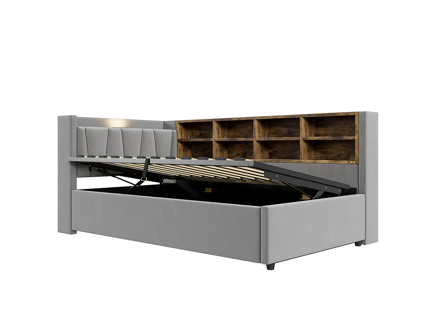 90 x 200 cm Stauraumbett mit Kopfteil, LED-Beleuchtung und USB-/Type-C-Anschlüssen - Samt - Hellgrau (Matratze nicht im Lieferumfang enthalten)