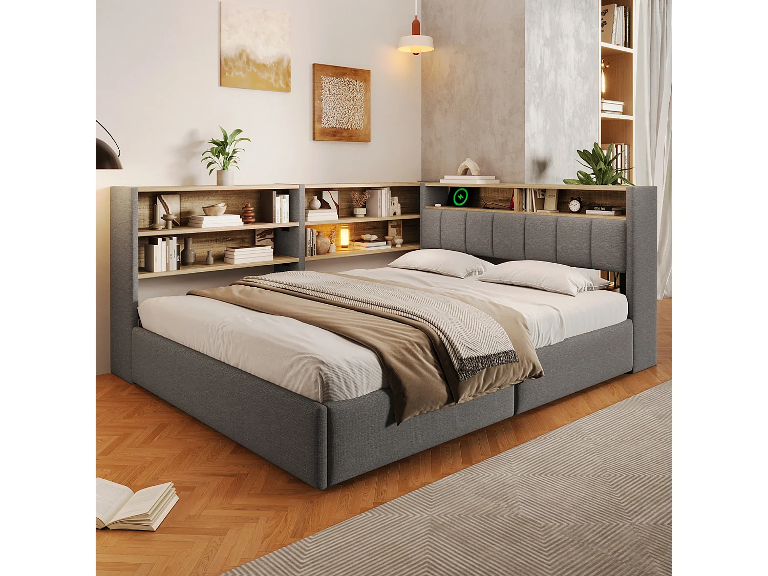 140 x 200 cm seng med opbevaringsplads, hydraulisk opbevaring, LED-belysning, USB-A og USB-C porte – Fløjl og MDF – Grå (Madras medfølger ikke)