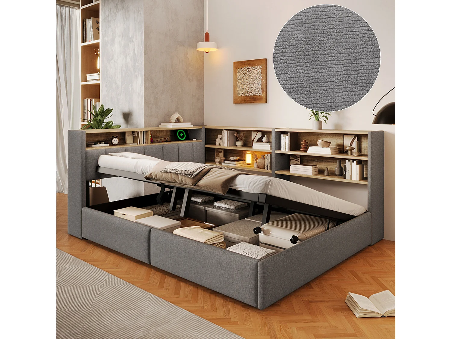 140 x 200 cm seng med opbevaringsplads, hydraulisk opbevaring, LED-belysning, USB-A og USB-C porte – Fløjl og MDF – Grå (Madras medfølger ikke)