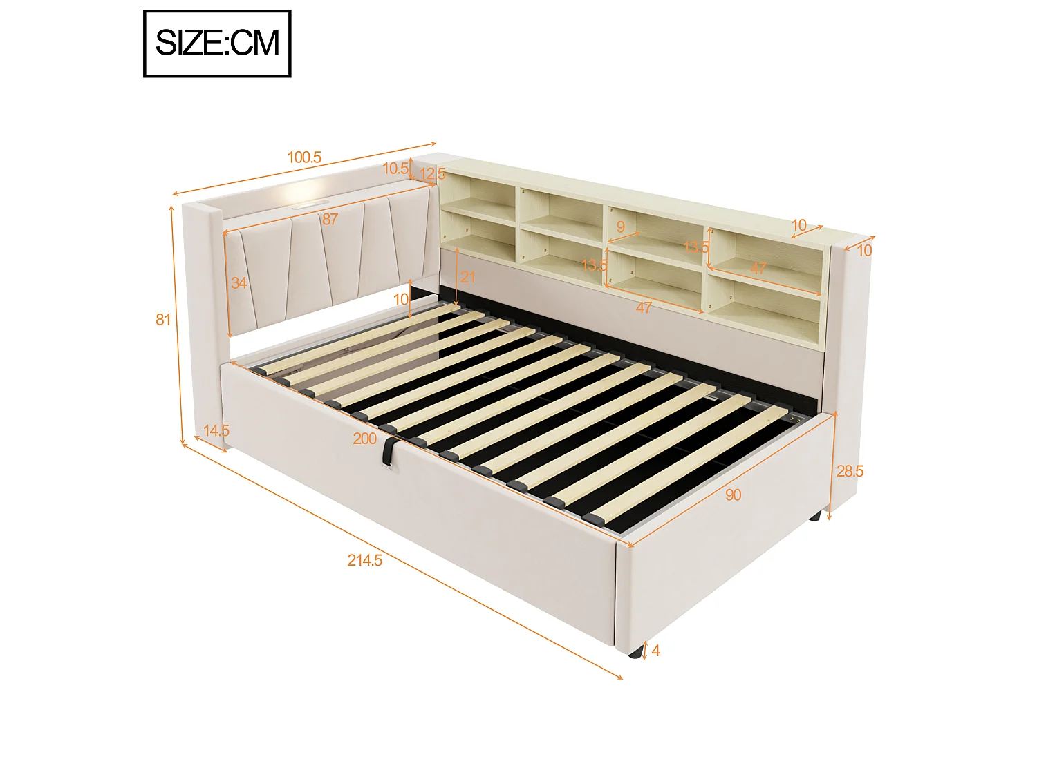 90 x 200 cm Stauraumbett mit Kopfteil, LED-Beleuchtung und USB-/Type-C-Anschlüssen - Samt - Beige (Matratze nicht im Lieferumfang enthalten)