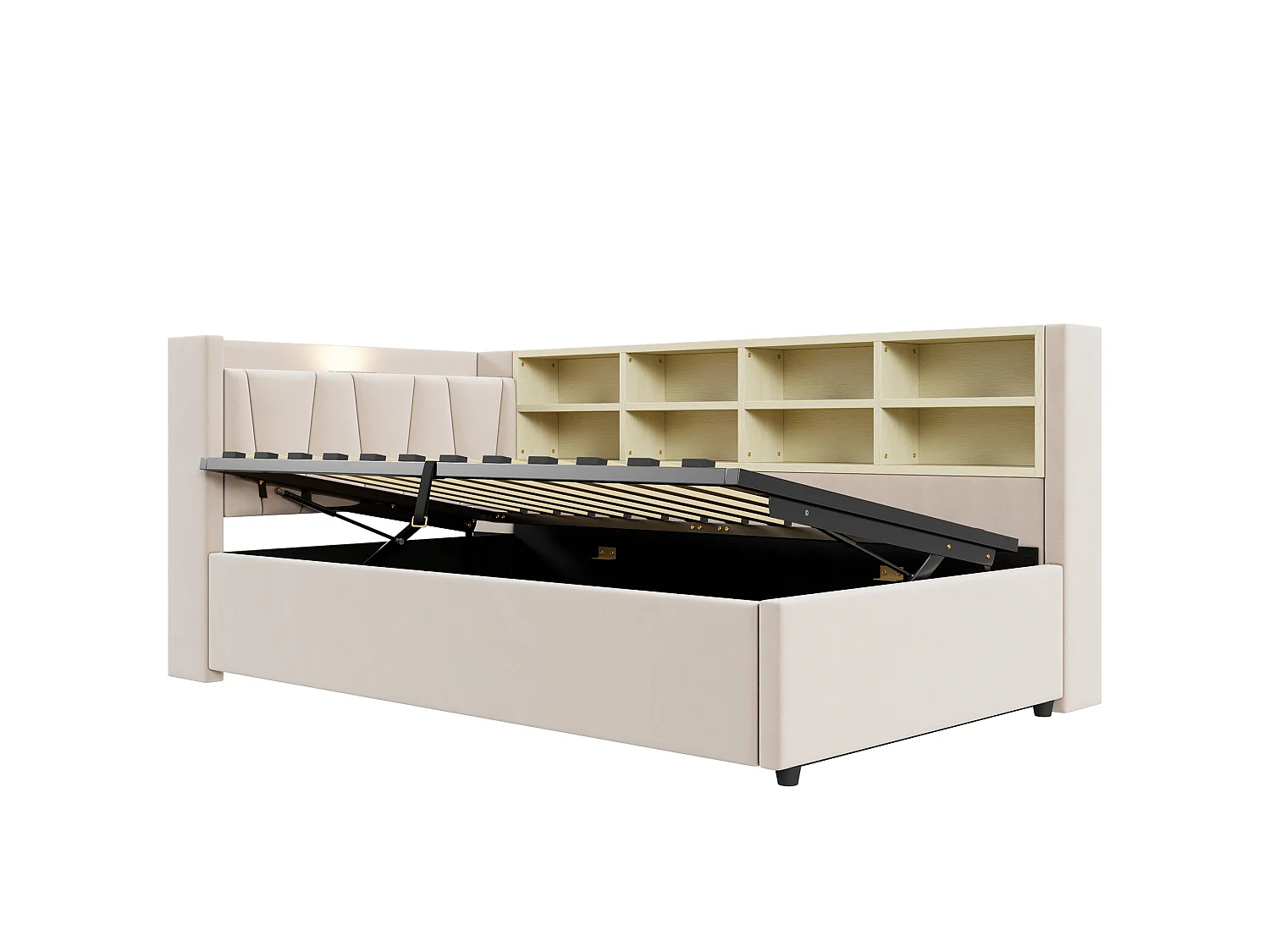 90 x 200 cm Stauraumbett mit Kopfteil, LED-Beleuchtung und USB-/Type-C-Anschlüssen - Samt - Beige (Matratze nicht im Lieferumfang enthalten)