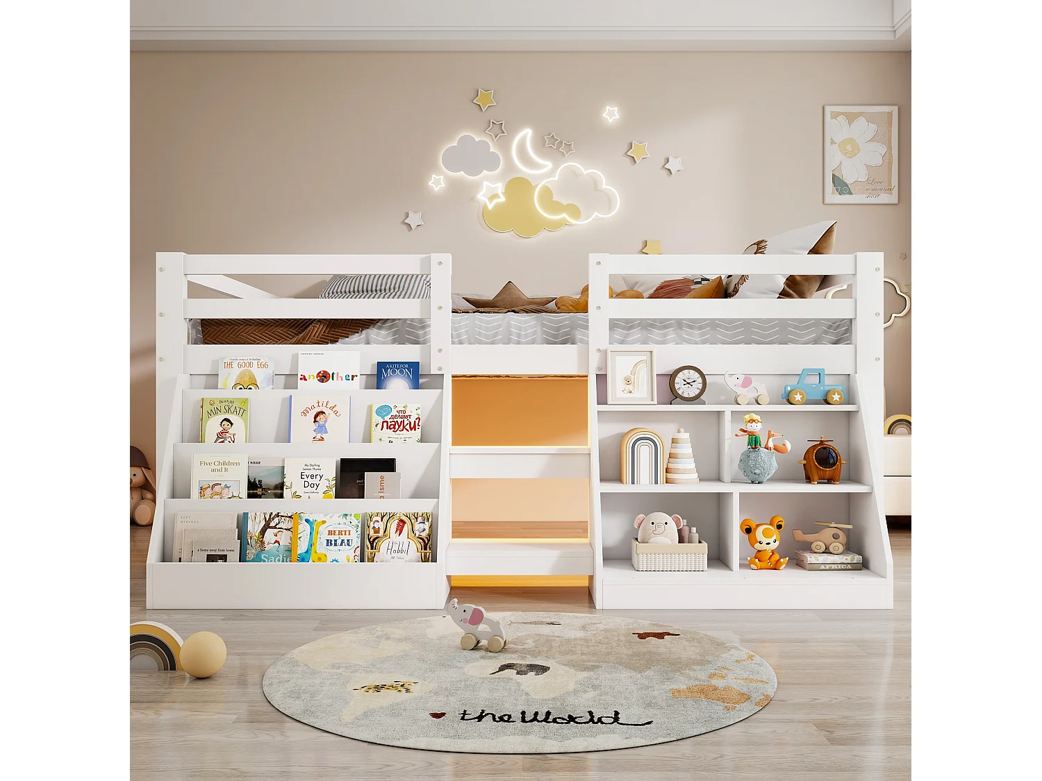 Lit surélevé enfant 140 x 200 cm avec rangements, LED, échelle et barrières de sécurité – Pin et MDF – Blanc (Sans matelas)