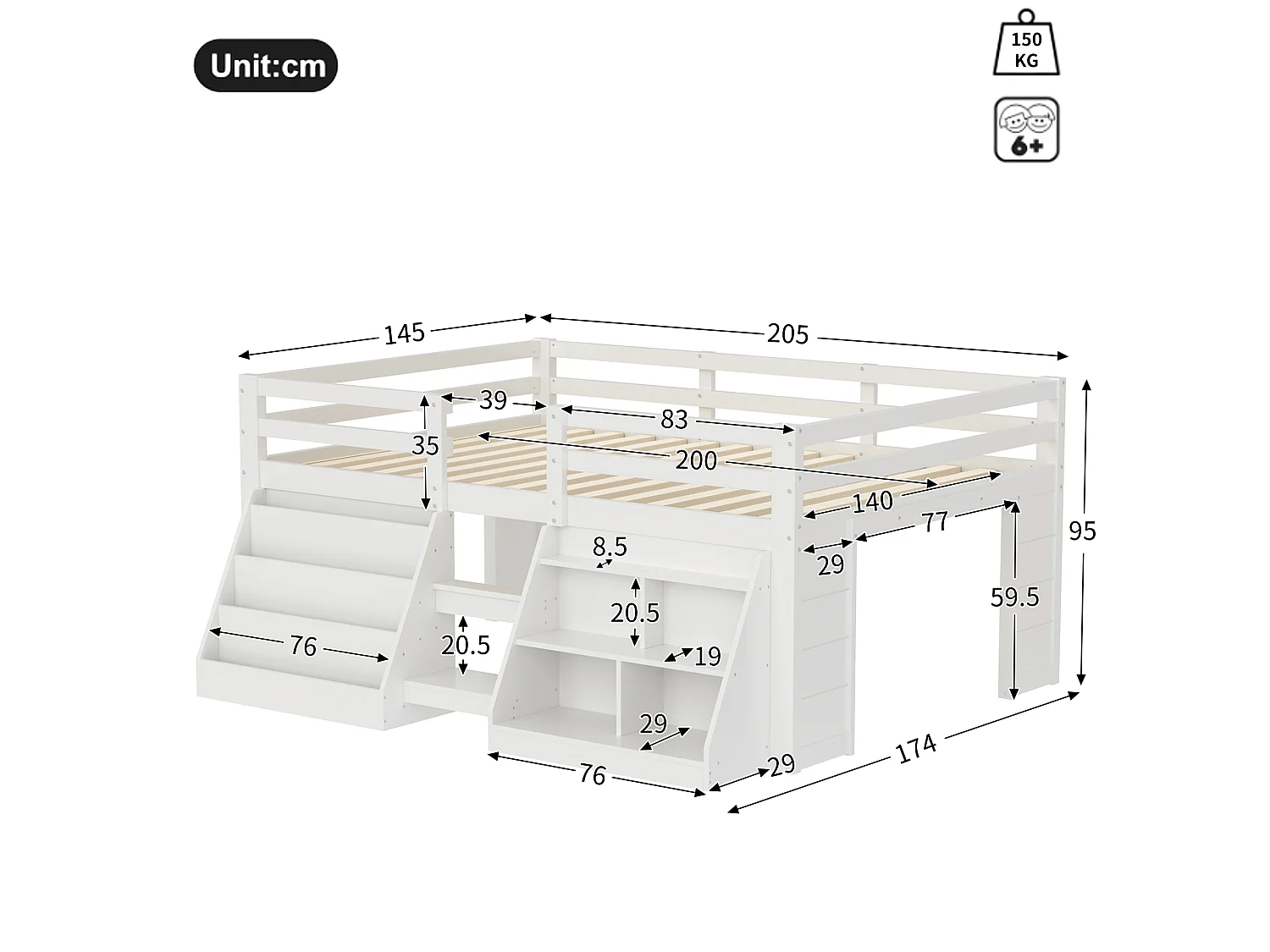Lit surélevé enfant 140 x 200 cm avec rangements, LED, échelle et barrières de sécurité – Pin et MDF – Blanc (Sans matelas)