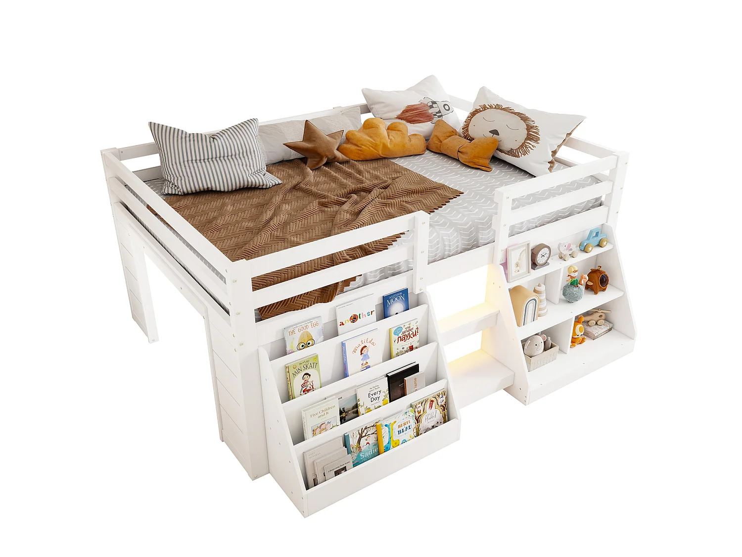 Lit surélevé enfant 140 x 200 cm avec rangements, LED, échelle et barrières de sécurité – Pin et MDF – Blanc (Sans matelas)