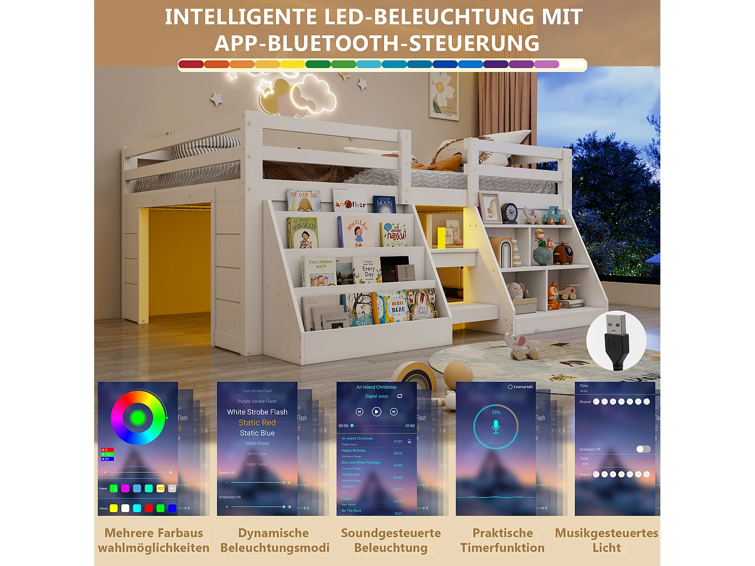 Lit surélevé enfant 140 x 200 cm avec rangements, LED, échelle et barrières de sécurité – Pin et MDF – Blanc (Sans matelas)