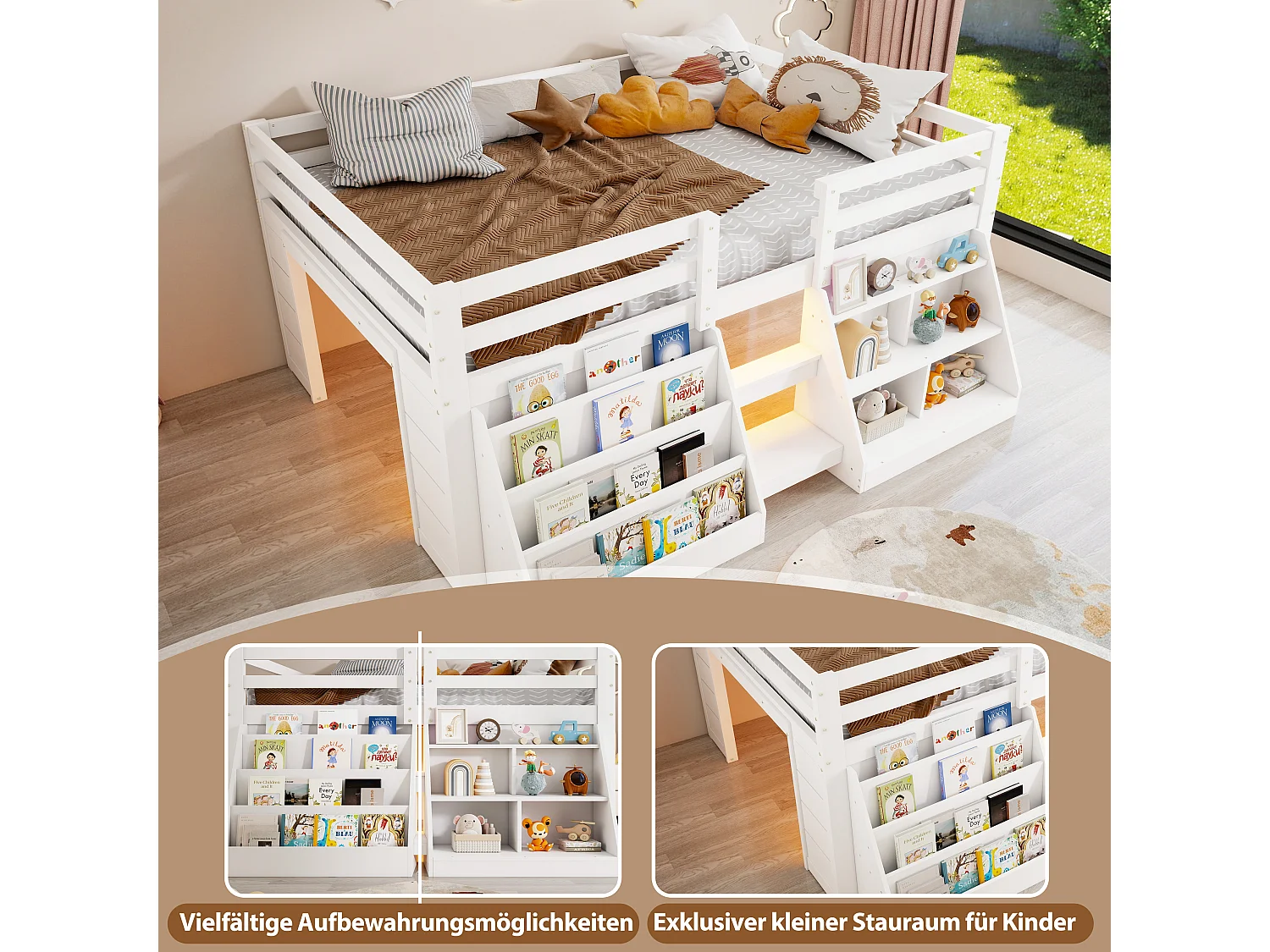 Lit surélevé enfant 140 x 200 cm avec rangements, LED, échelle et barrières de sécurité – Pin et MDF – Blanc (Sans matelas)
