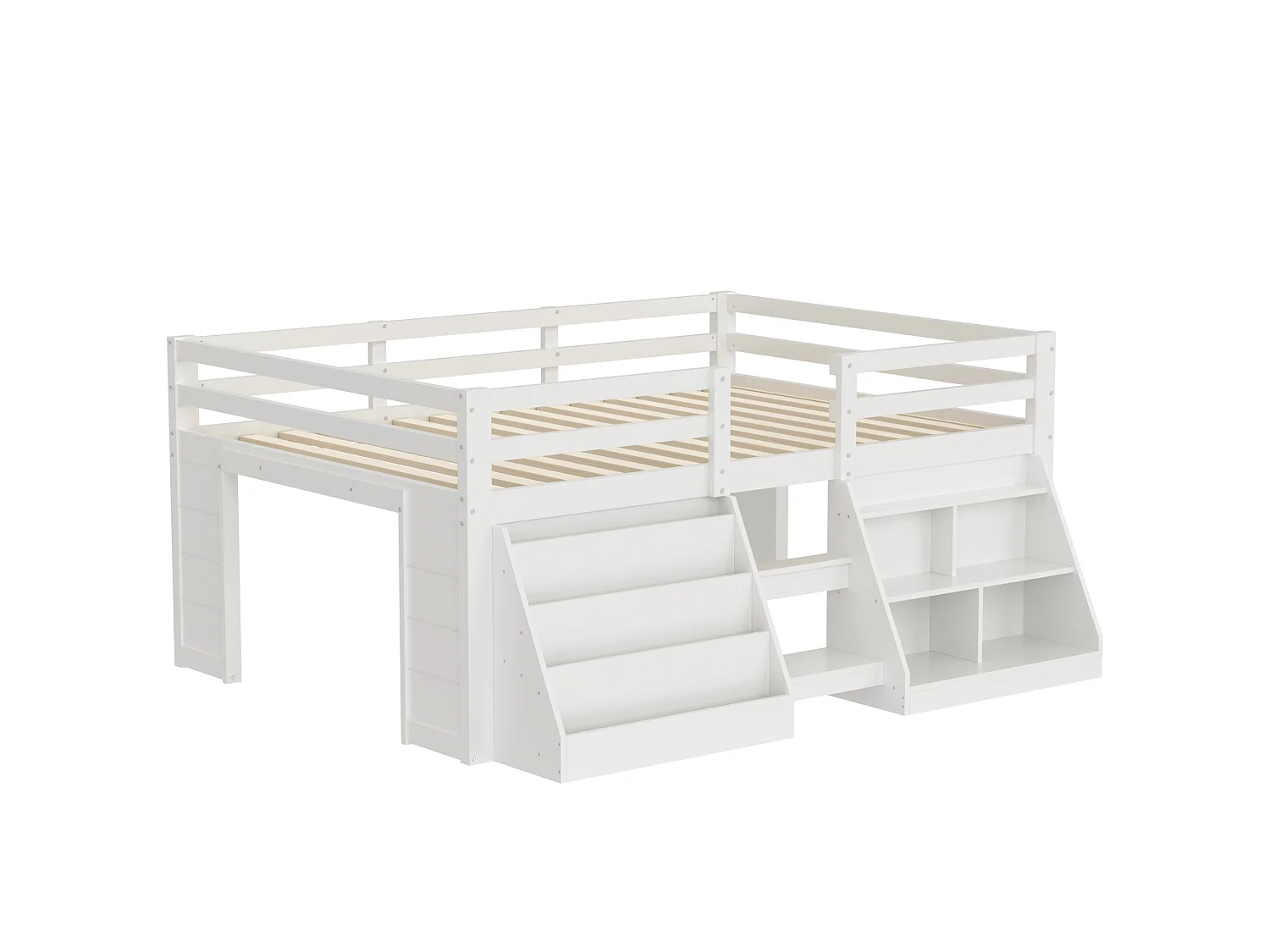 Lit surélevé enfant 140 x 200 cm avec rangements, LED, échelle et barrières de sécurité – Pin et MDF – Blanc (Sans matelas)