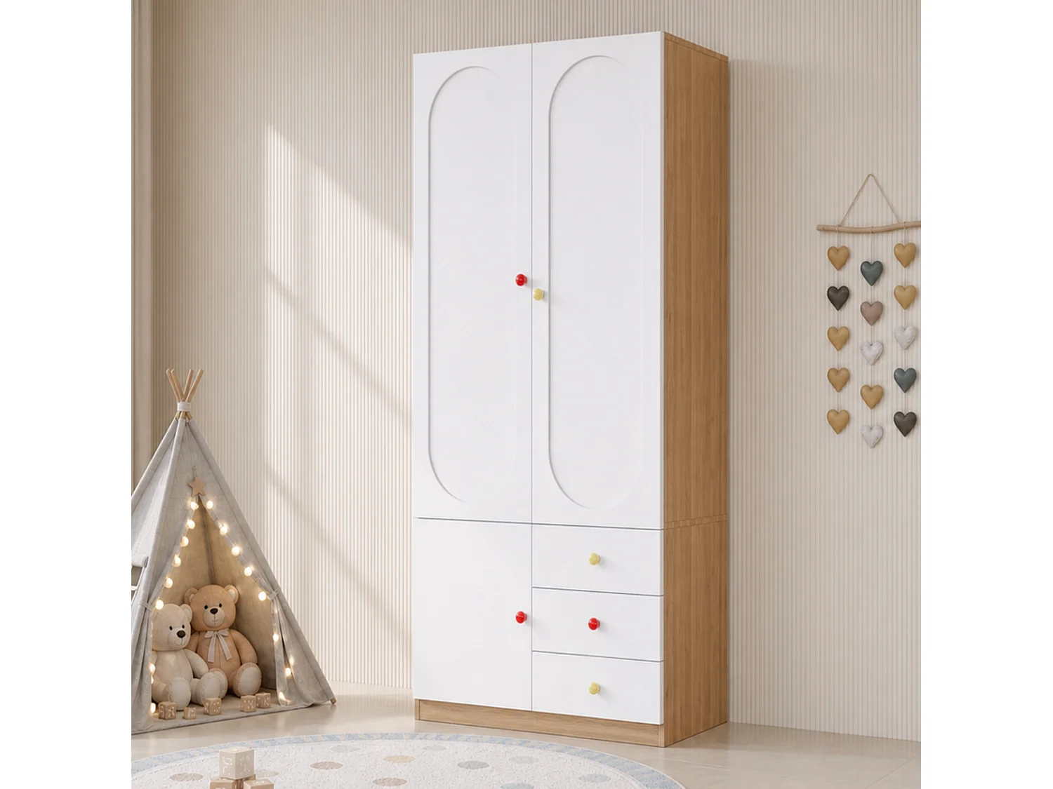 Armoires enfant 2 portes avec penderie, étagères et 3 tiroirs, poignées en céramique - MDF - 80 x 50 x 200 cm - Blanc