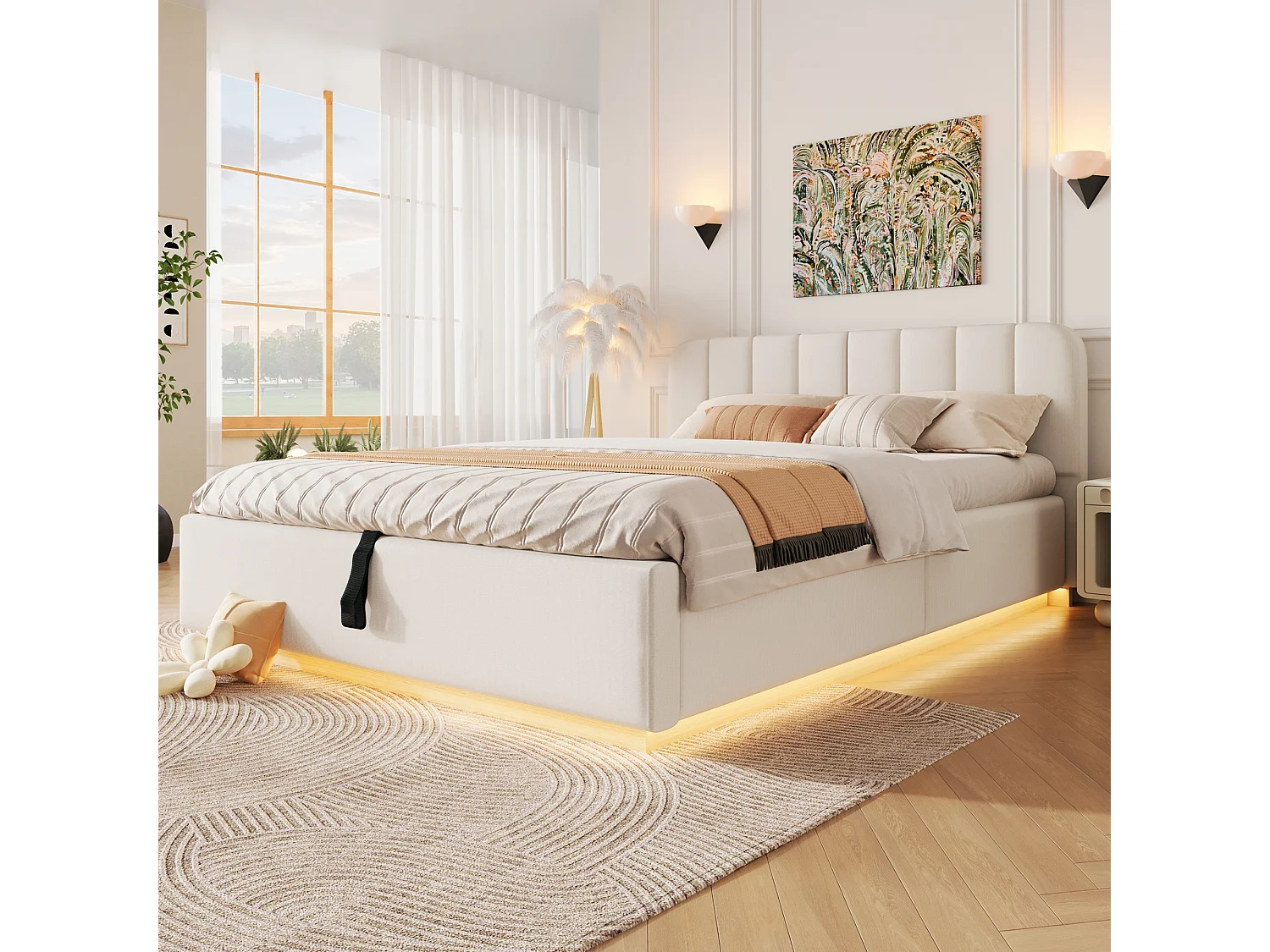Gepolstertes Stauraumbett 140 x 200 cm mit LED-Beleuchtung und Kopfteil – Chenille und Sperrholz – Beige (Matratze nicht im Lieferumfang enthalten)