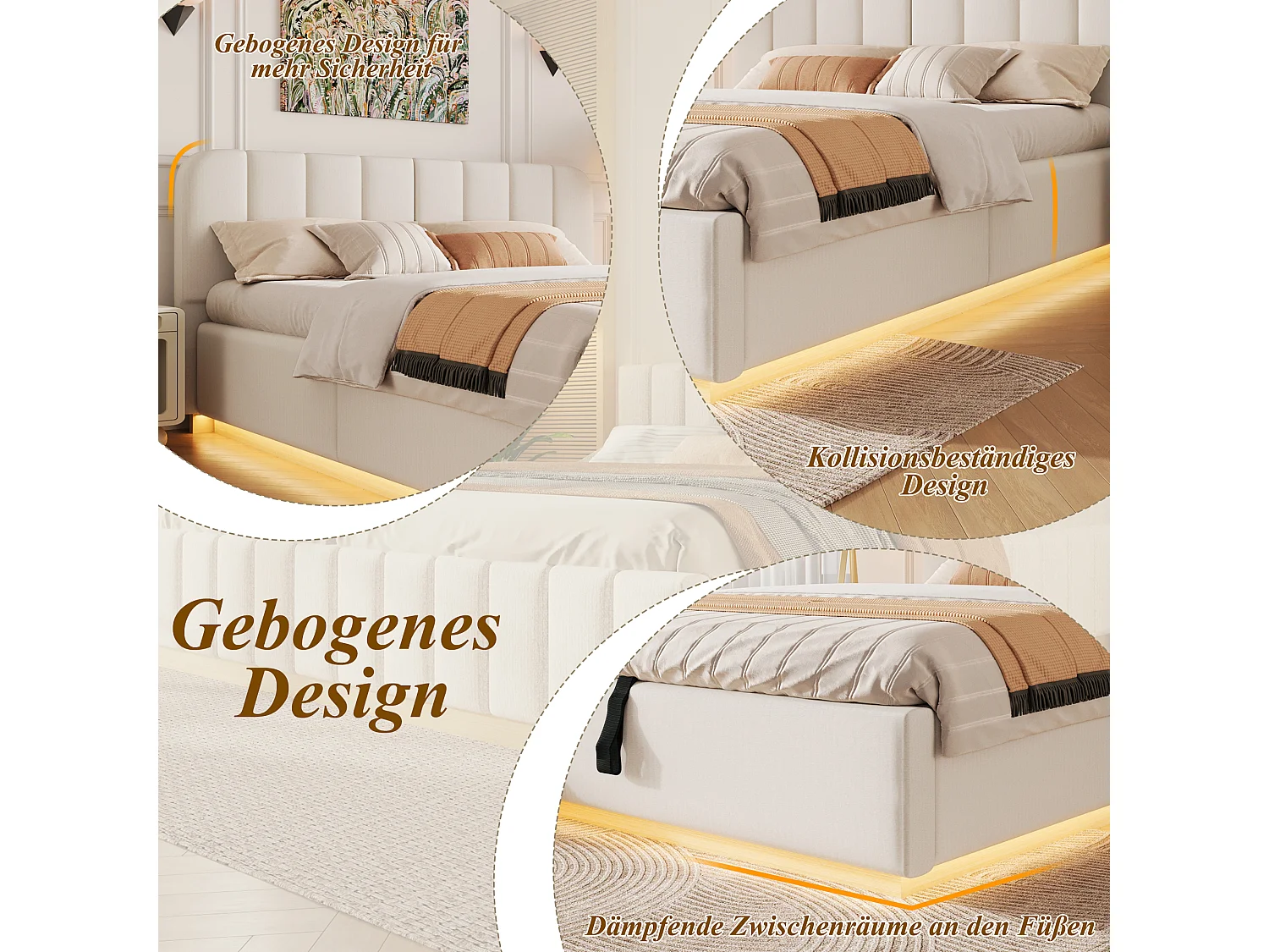 Gepolstertes Stauraumbett 140 x 200 cm mit LED-Beleuchtung und Kopfteil – Chenille und Sperrholz – Beige (Matratze nicht im Lieferumfang enthalten)