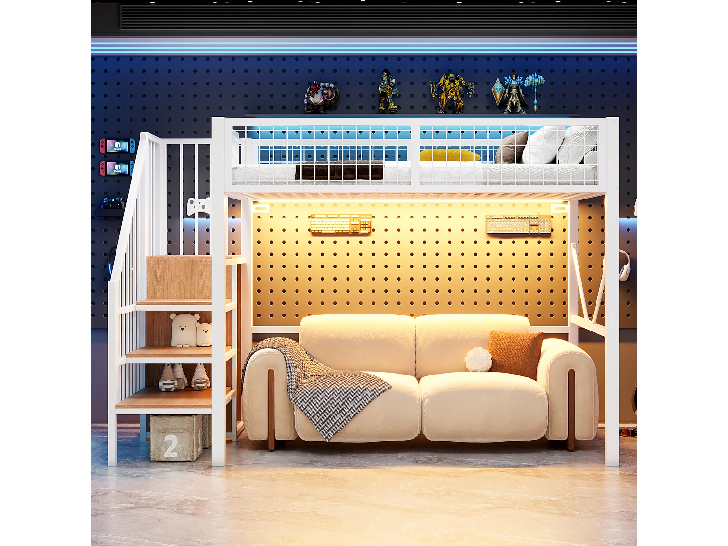 90 x 200 cm loft bed with storage ladder, safety rail and LED lighting - Metal - White (mattress not included)