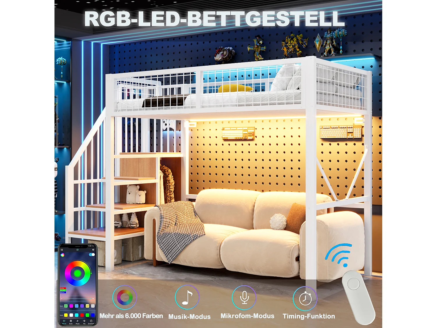 90 x 200 cm loft bed with storage ladder, safety rail and LED lighting - Metal - White (mattress not included)