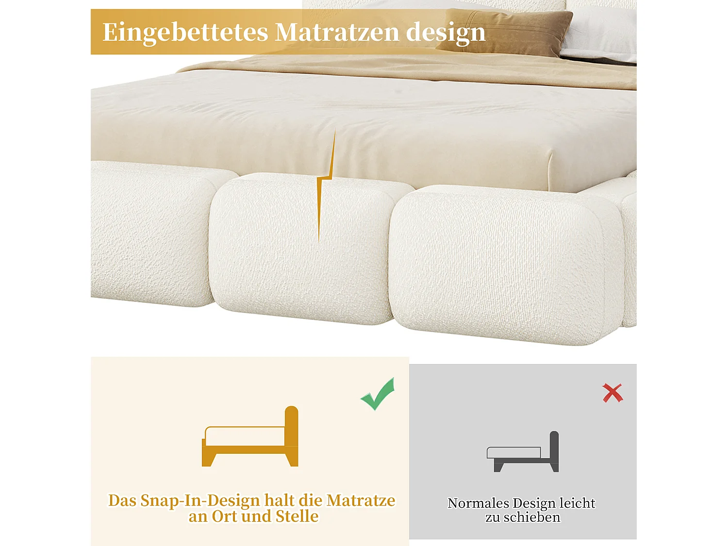 Letto contenitore 160 x 200 cm con sistema idraulico e testiera a nuvola - Bouclé - Bianco (materasso non incluso)