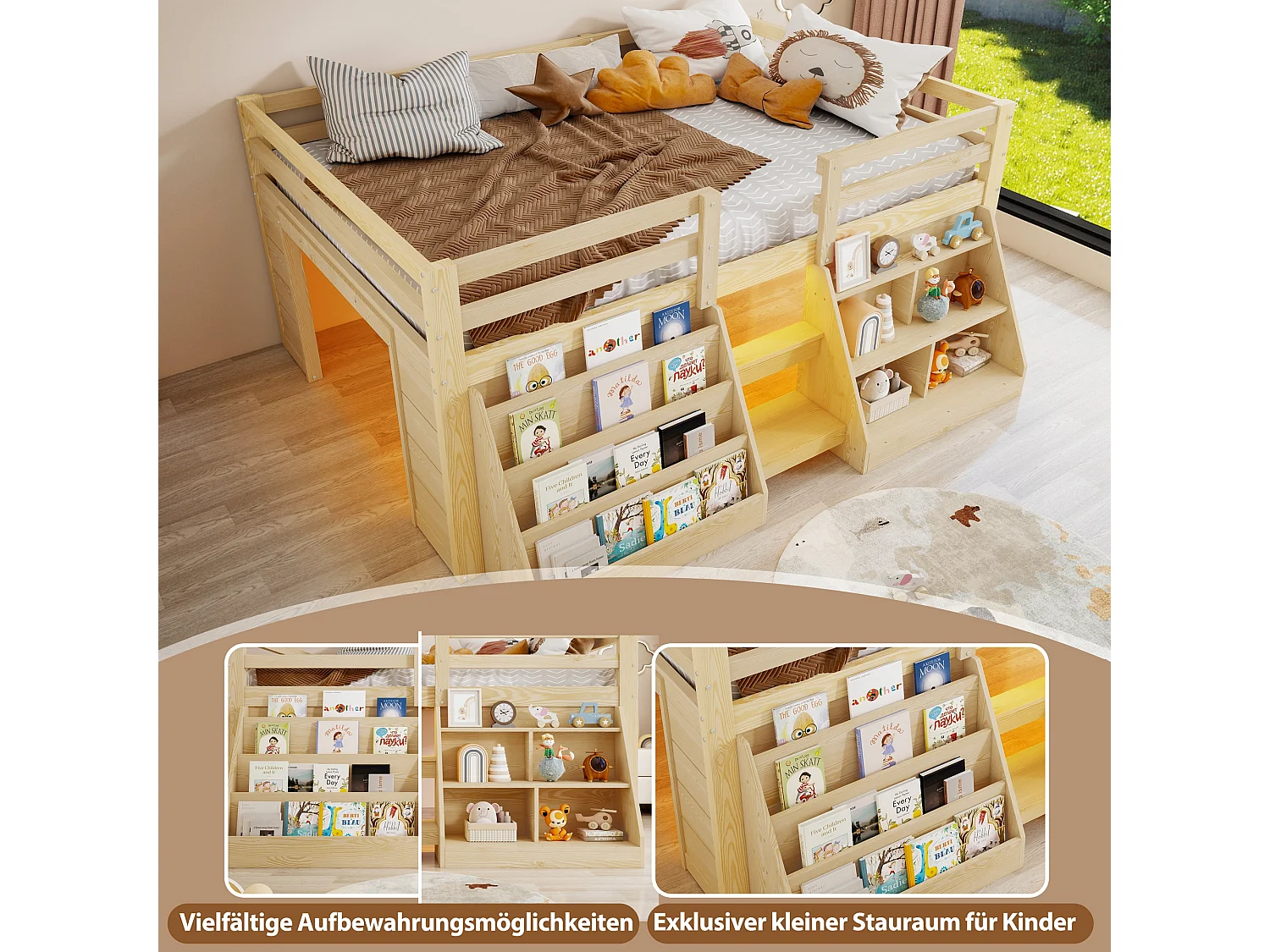 Lit surélevé enfant 140 x 200 cm avec rangements, LED, échelle et barrières de sécurité – Pin et MDF – Naturel (Sans matelas)