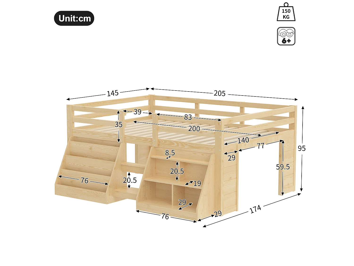 Lit surélevé enfant 140 x 200 cm avec rangements, LED, échelle et barrières de sécurité – Pin et MDF – Naturel (Sans matelas)