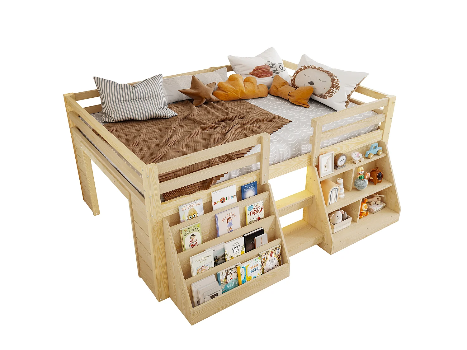 Lit surélevé enfant 140 x 200 cm avec rangements, LED, échelle et barrières de sécurité – Pin et MDF – Naturel (Sans matelas)