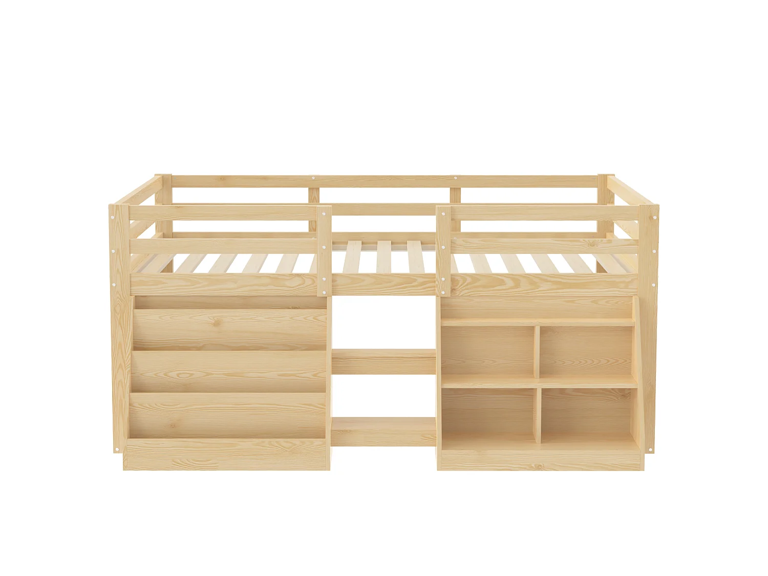 Lit surélevé enfant 140 x 200 cm avec rangements, LED, échelle et barrières de sécurité – Pin et MDF – Naturel (Sans matelas)