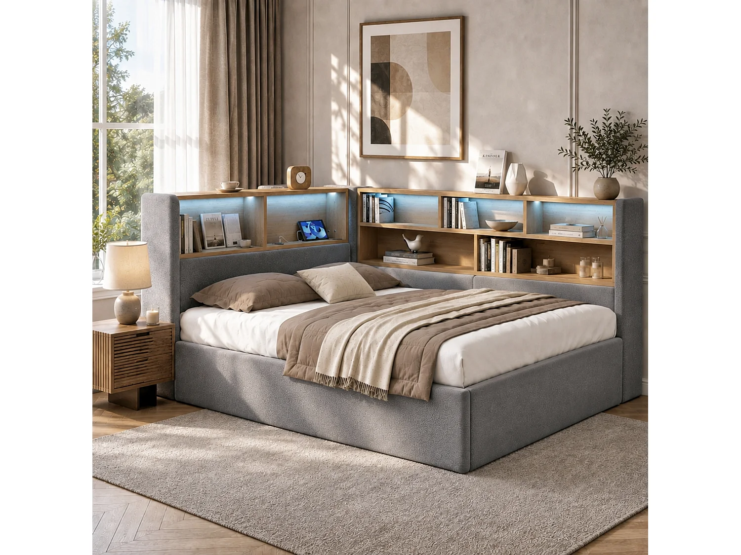 Lit coffre 140 x 190 cm avec rangement hydraulique, compartiments, LED et ports USB - Velours - Gris (sans matelas)