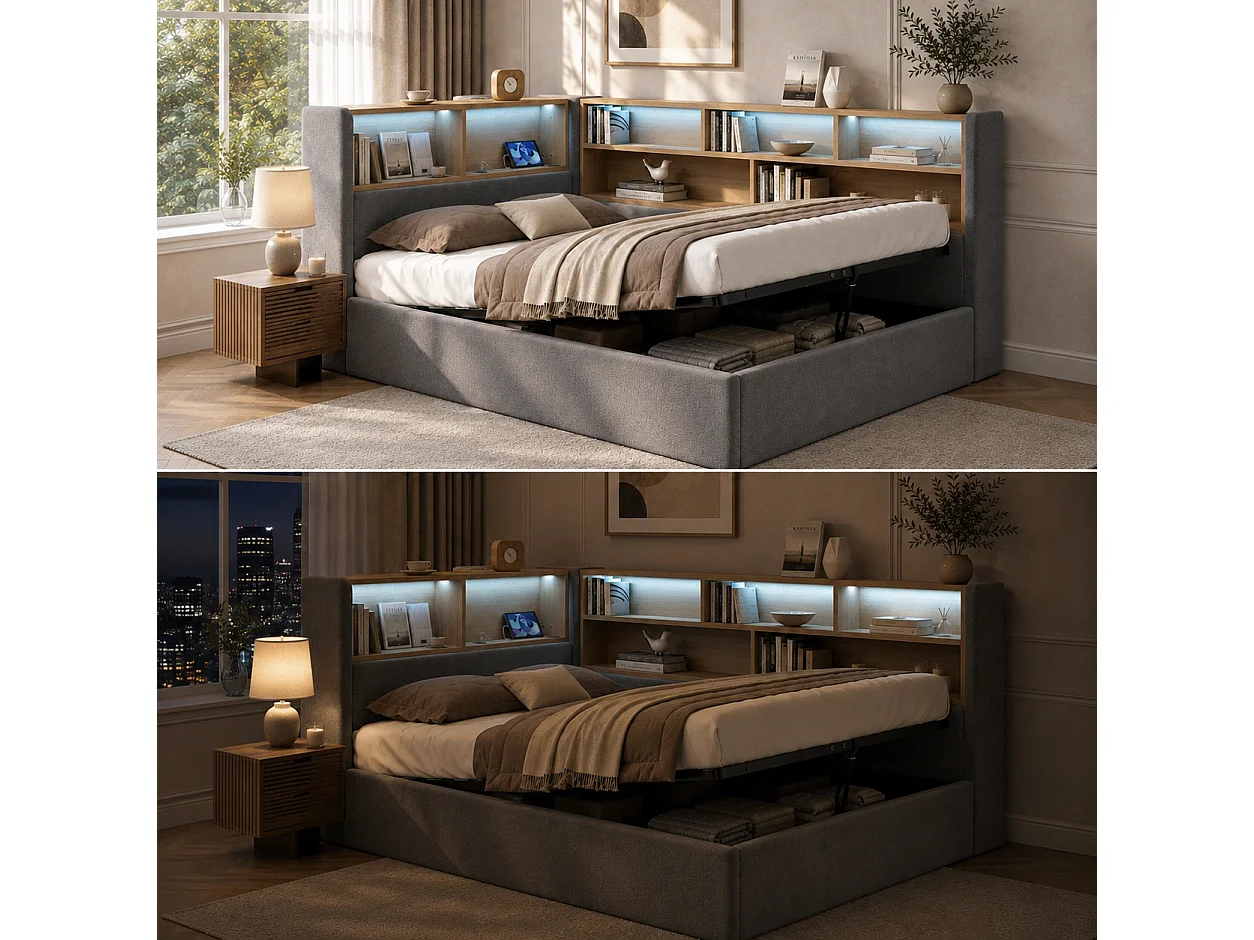 Lit coffre 140 x 190 cm avec rangement hydraulique, compartiments, LED et ports USB - Velours - Gris (sans matelas)