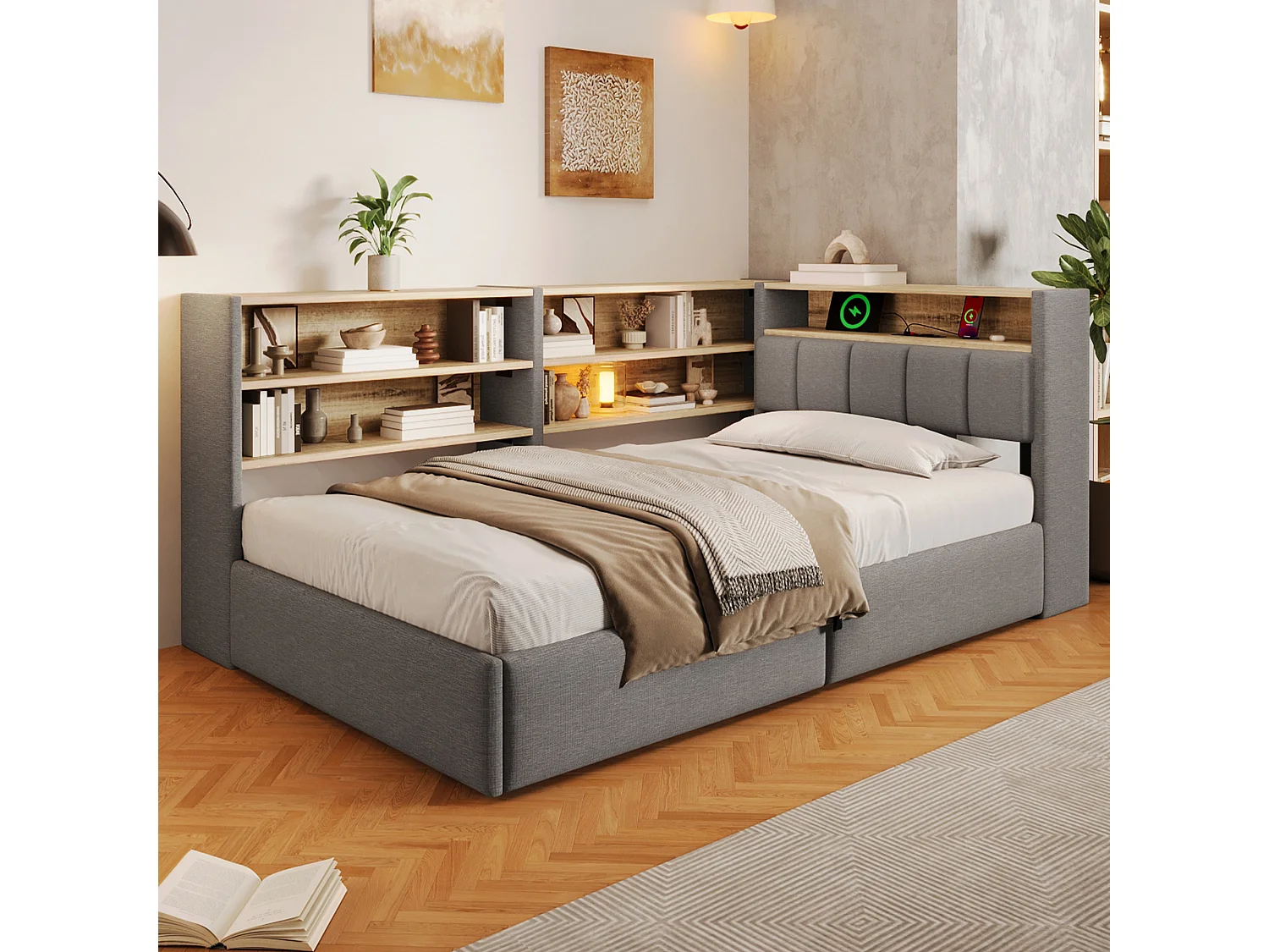 90 x 200 cm seng med opbevaringsplads og hydraulisk opbevaring, LED, USB-A og USB-C – Fløjl og MDF – Grå (Madras medfølger ikke)