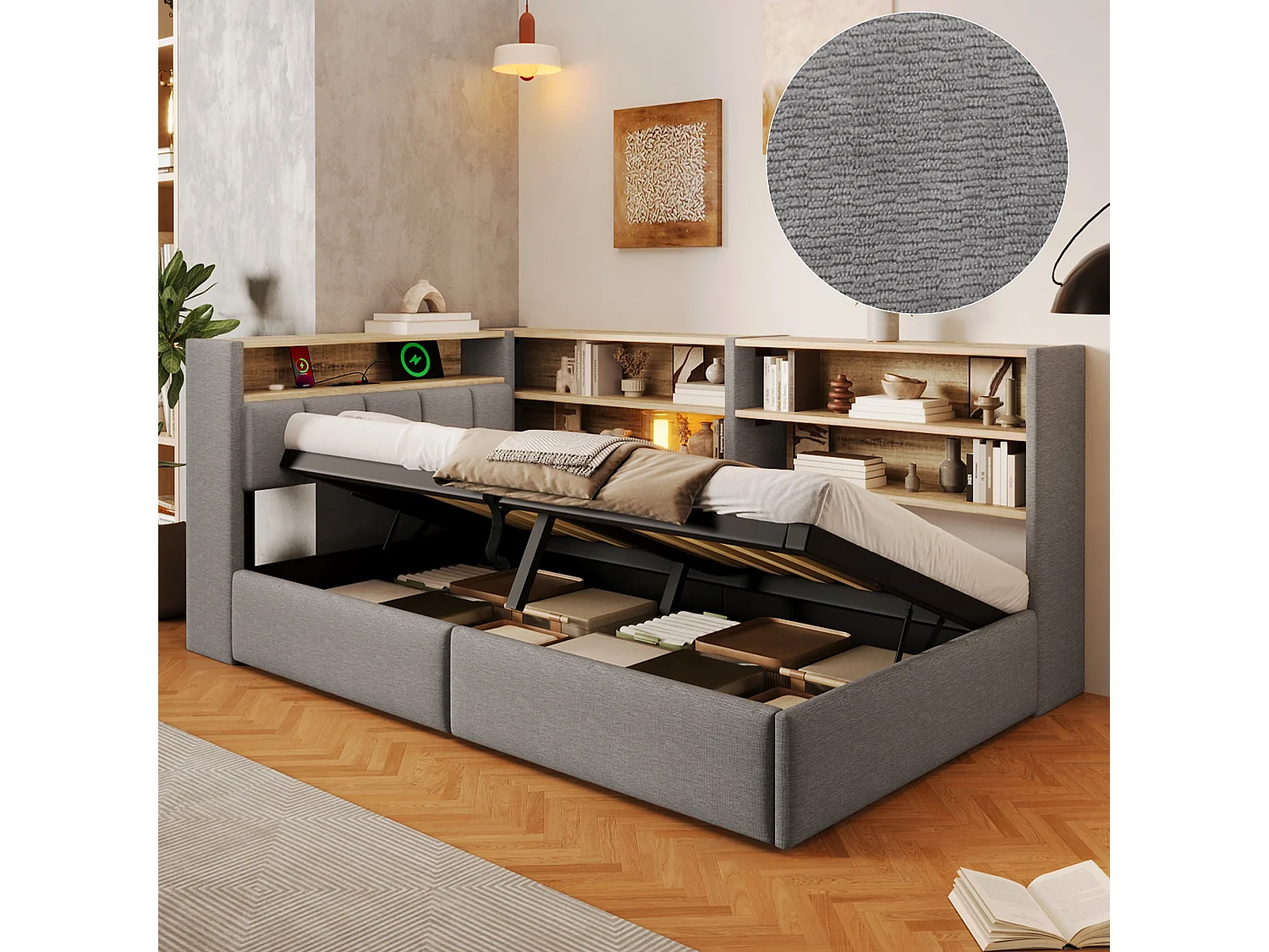 90 x 200 cm seng med opbevaringsplads og hydraulisk opbevaring, LED, USB-A og USB-C – Fløjl og MDF – Grå (Madras medfølger ikke)