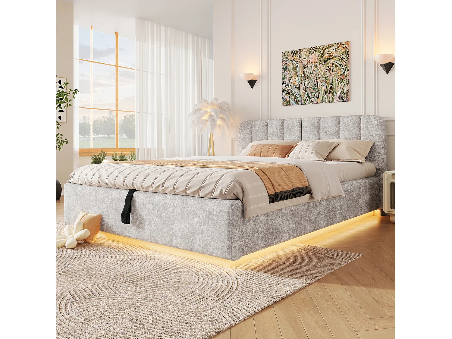 Gepolstertes Stauraumbett 140 x 200 cm mit LED-Beleuchtung und Kopfteil – Chenille und Sperrholz – Beige (Matratze nicht im Lieferumfang enthalten)