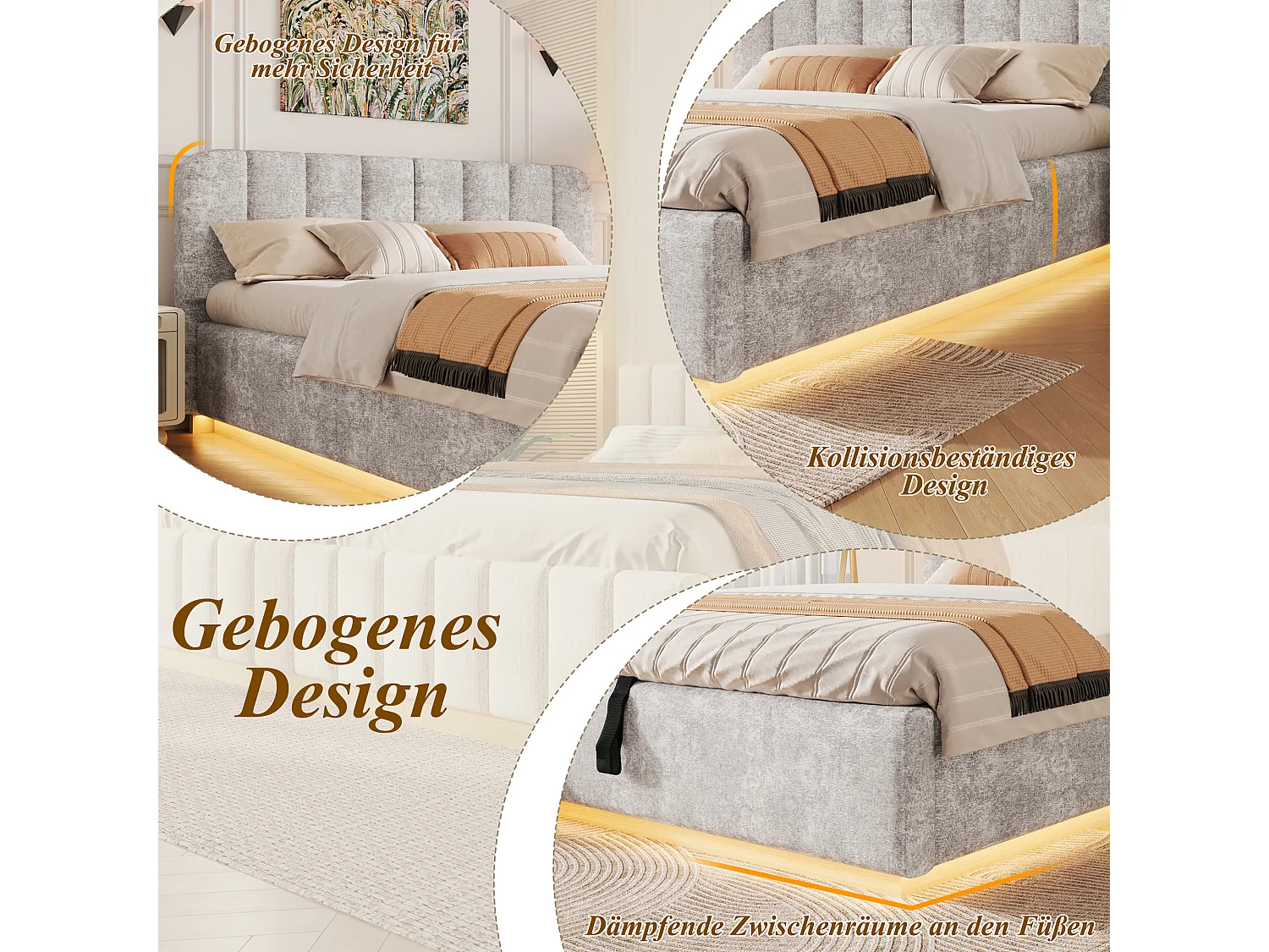 Gepolstertes Stauraumbett 140 x 200 cm mit LED-Beleuchtung und Kopfteil – Chenille und Sperrholz – Beige (Matratze nicht im Lieferumfang enthalten)