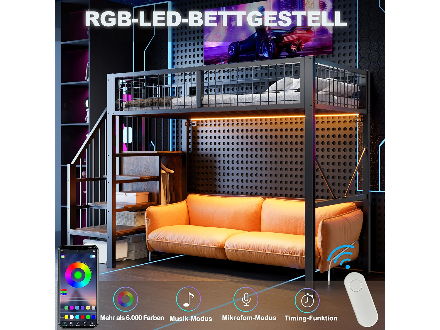 Zwischengeschoss 90 x 200cm mit Aufbewahrungsleiter, Sicherheitsbarriere und LED-Beleuchtung - Metall - Schwarz (Matratze nicht enthalten)