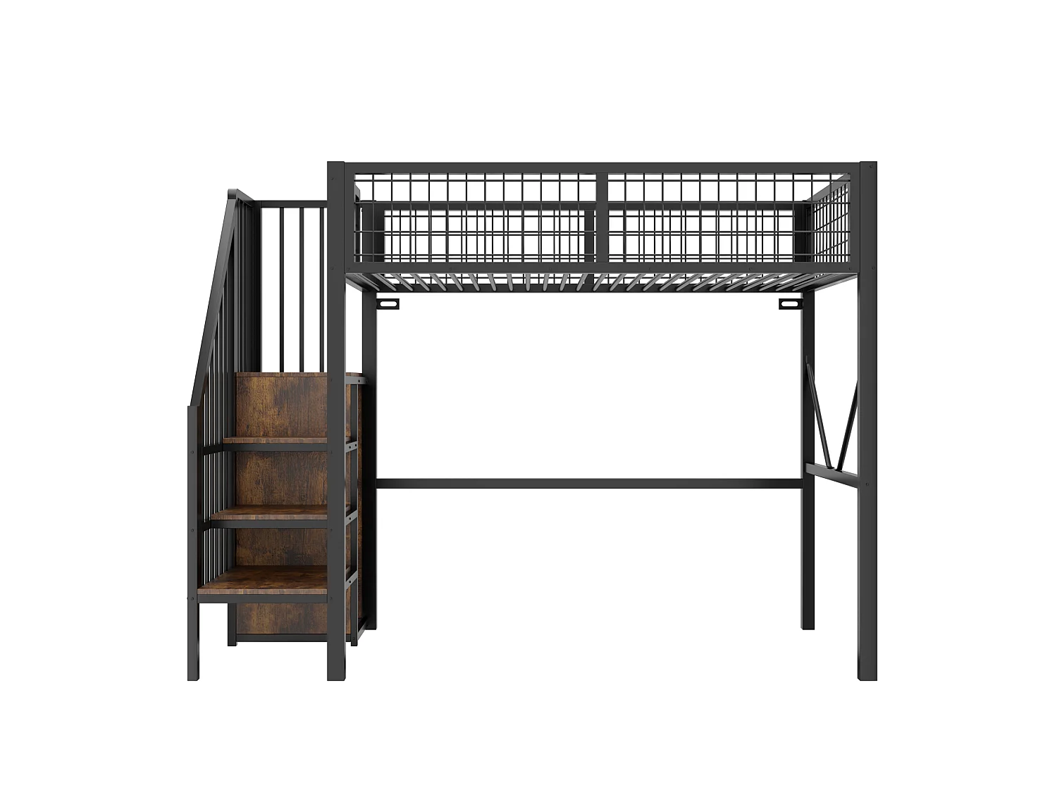 Zwischengeschoss 90 x 200cm mit Aufbewahrungsleiter, Sicherheitsbarriere und LED-Beleuchtung - Metall - Schwarz (Matratze nicht enthalten)