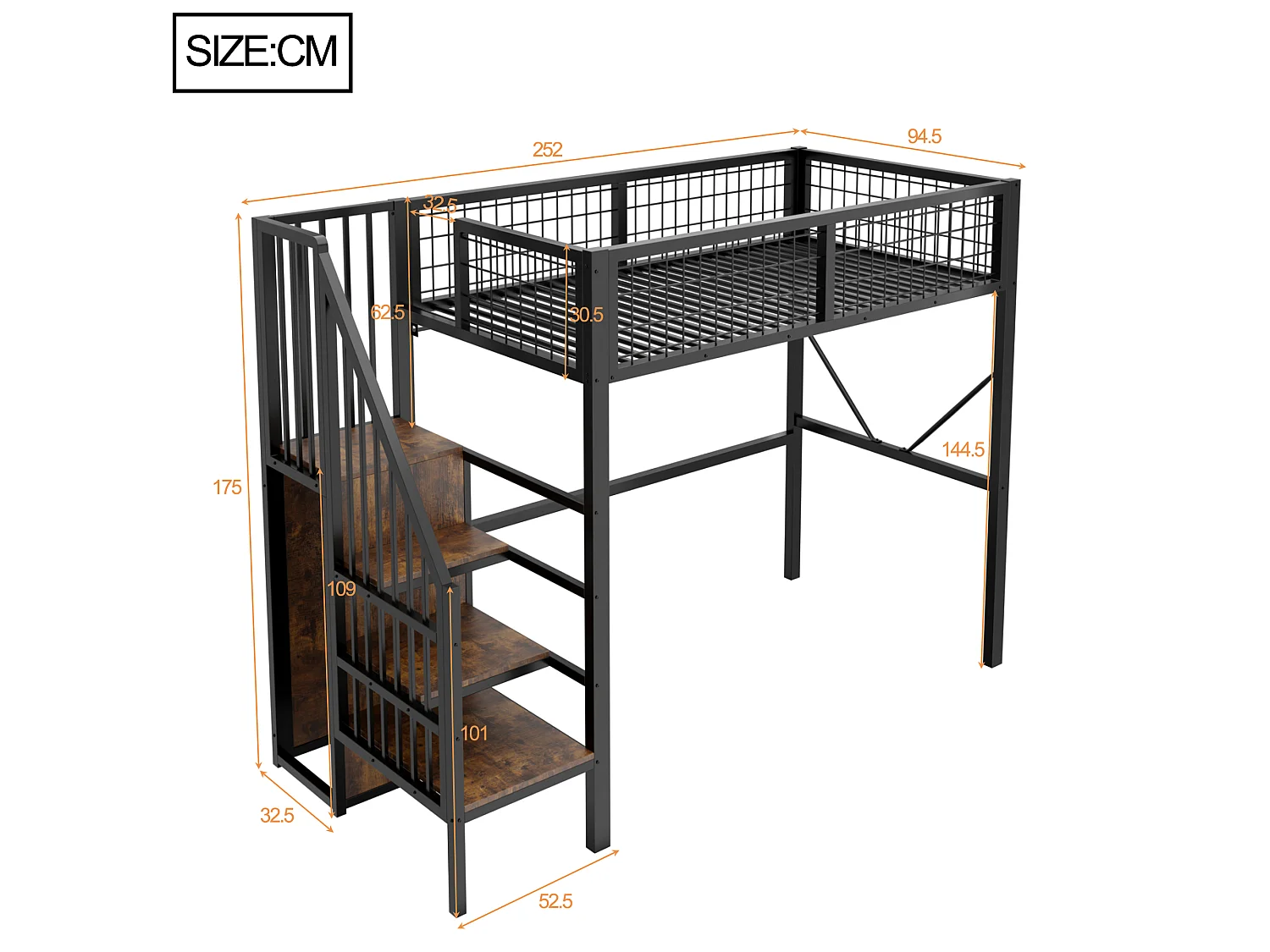 Zwischengeschoss 90 x 200cm mit Aufbewahrungsleiter, Sicherheitsbarriere und LED-Beleuchtung - Metall - Schwarz (Matratze nicht enthalten)