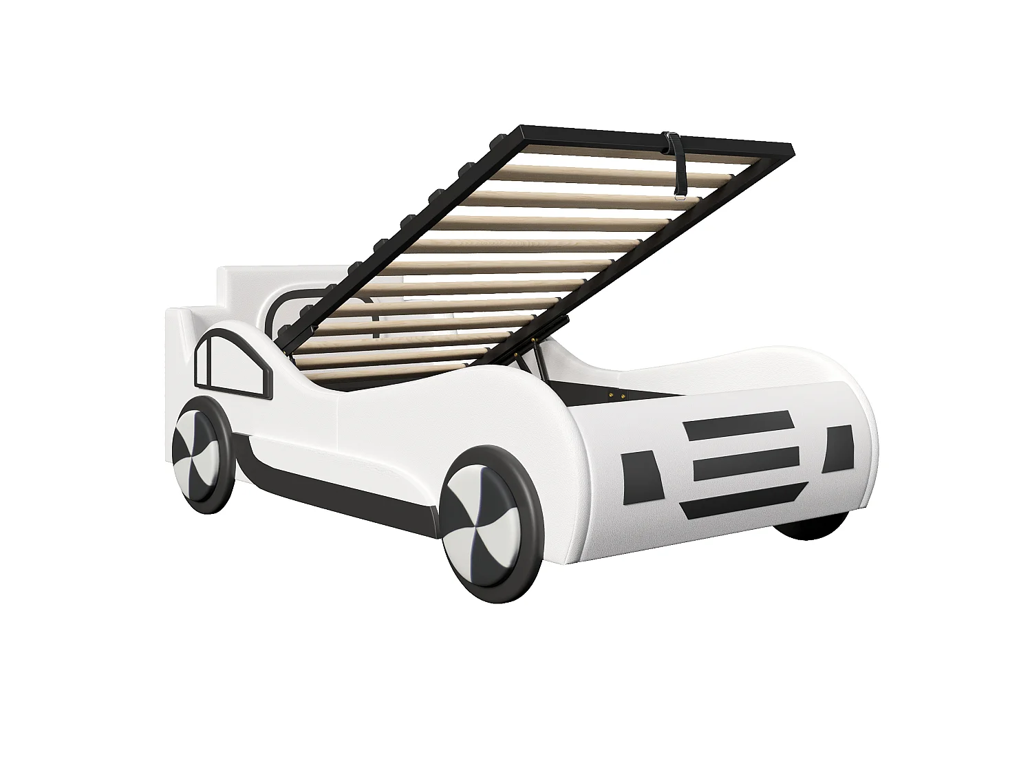 Lit enfant 90 x 200 cm forme voiture avec rangement sous le lit et tête de lit cockpit – PU et MDF – Blanc (Sans matelas)