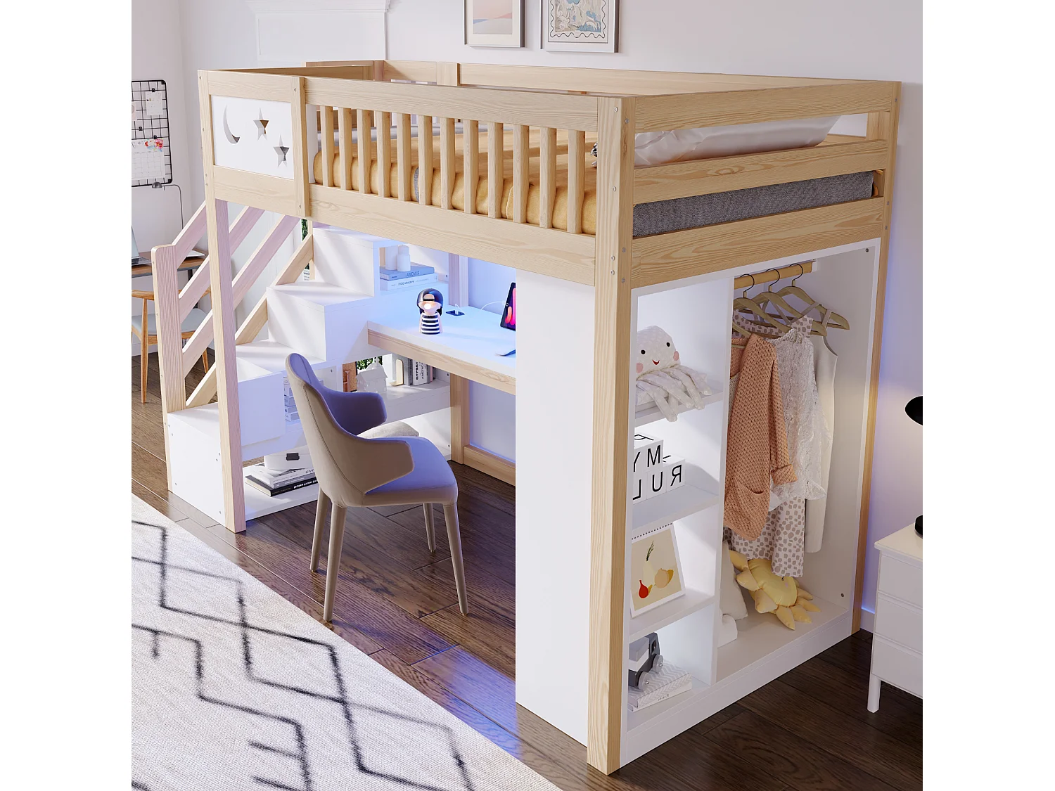 Hochbett 90 x 200 cm mit Schreibtisch, Stauraum, Treppe und LED-Beleuchtung - Kiefer, Sperrholz und MDF - Holzfarbe (Matratze nicht enthalten)