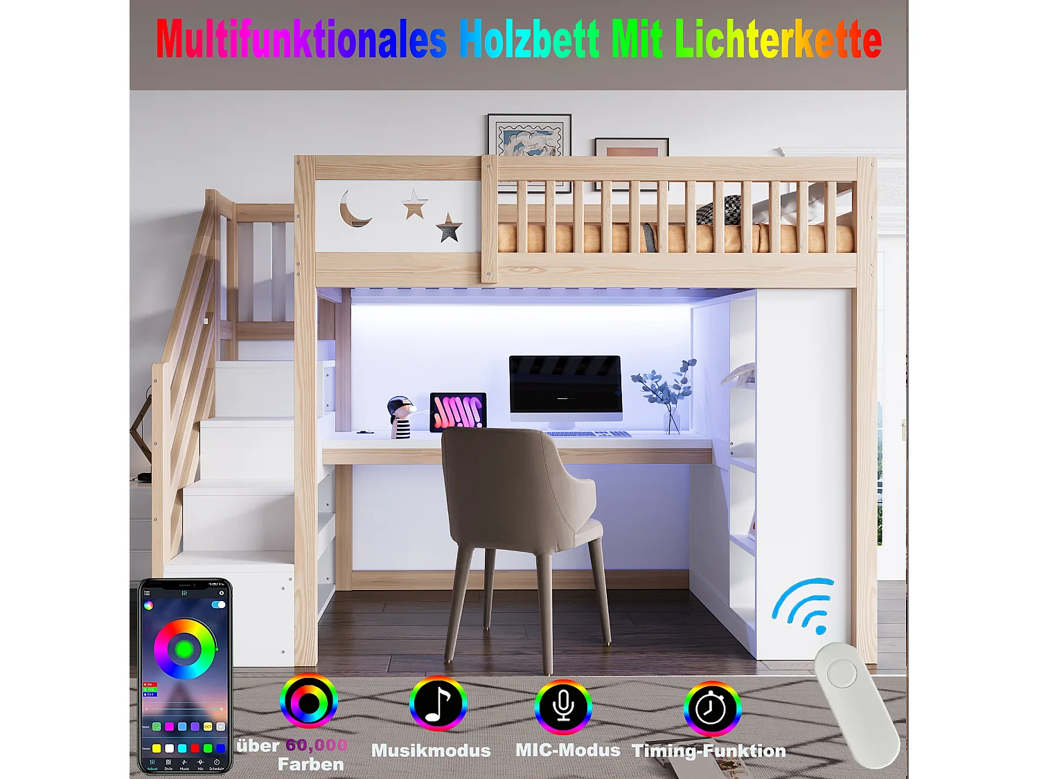 Hochbett 90 x 200 cm mit Schreibtisch, Stauraum, Treppe und LED-Beleuchtung - Kiefer, Sperrholz und MDF - Holzfarbe (Matratze nicht enthalten)